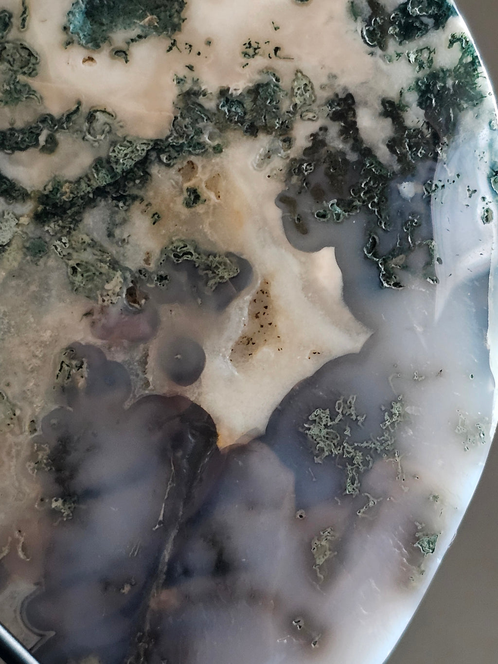 Moss Agate Moon on Stand – 8.5” Tall | Growth, Grounding & Lunar Energy Statement Piece