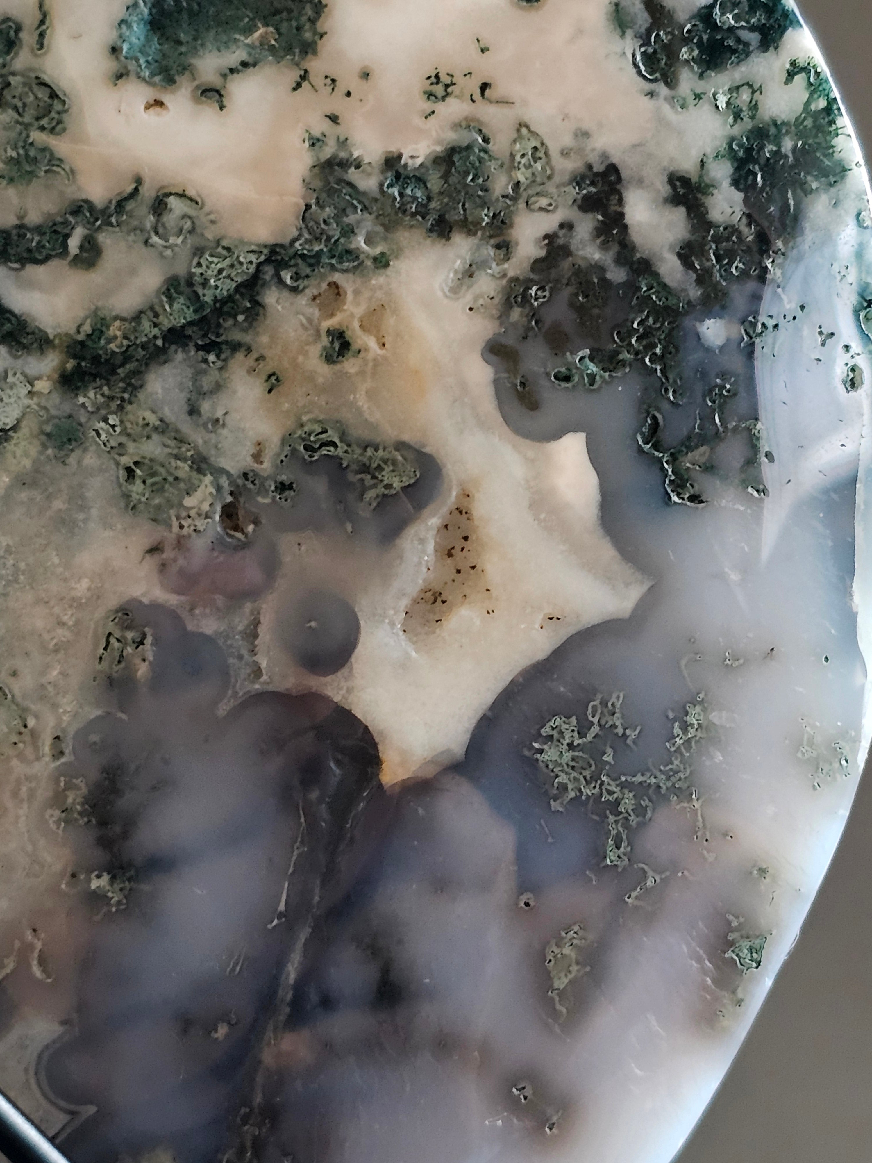 Moss Agate Moon on Stand – 8.5” Tall | Growth, Grounding & Lunar Energy Statement Piece
