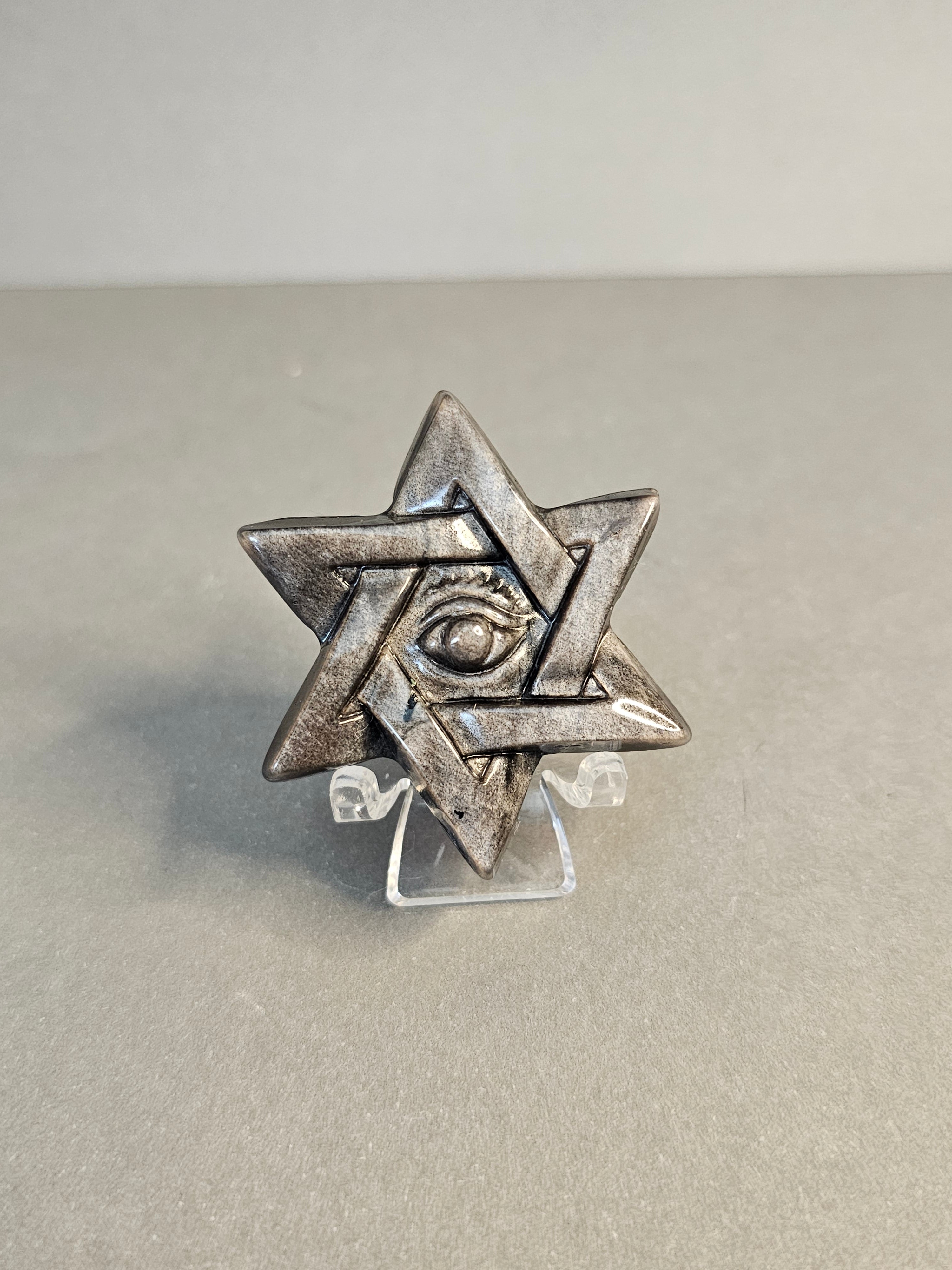 All-Seeing Eye on Hexagram – Silver Sheen Obsidian Symbolic Carving | 2 Inches