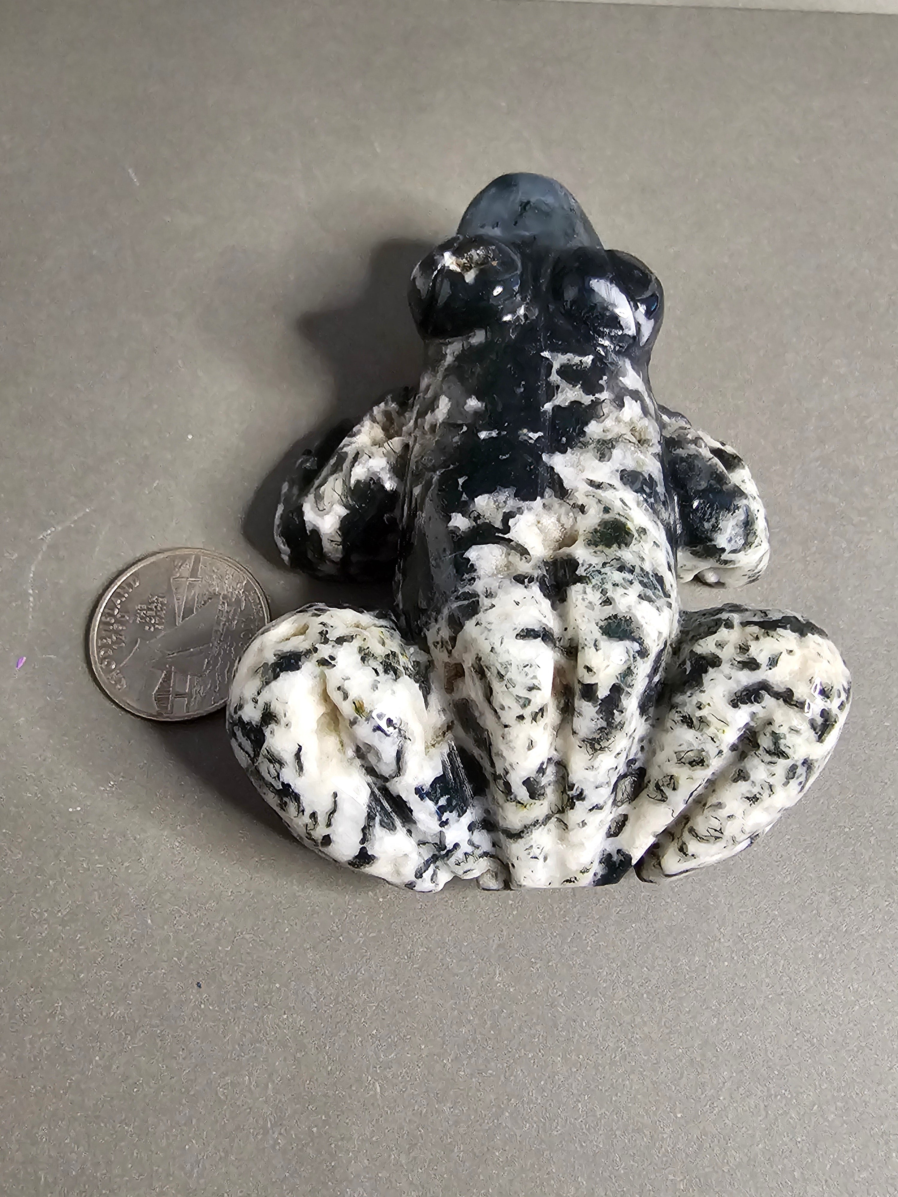 Moss Agate Frog Carving – 3.5" Crystal Frog Figurine