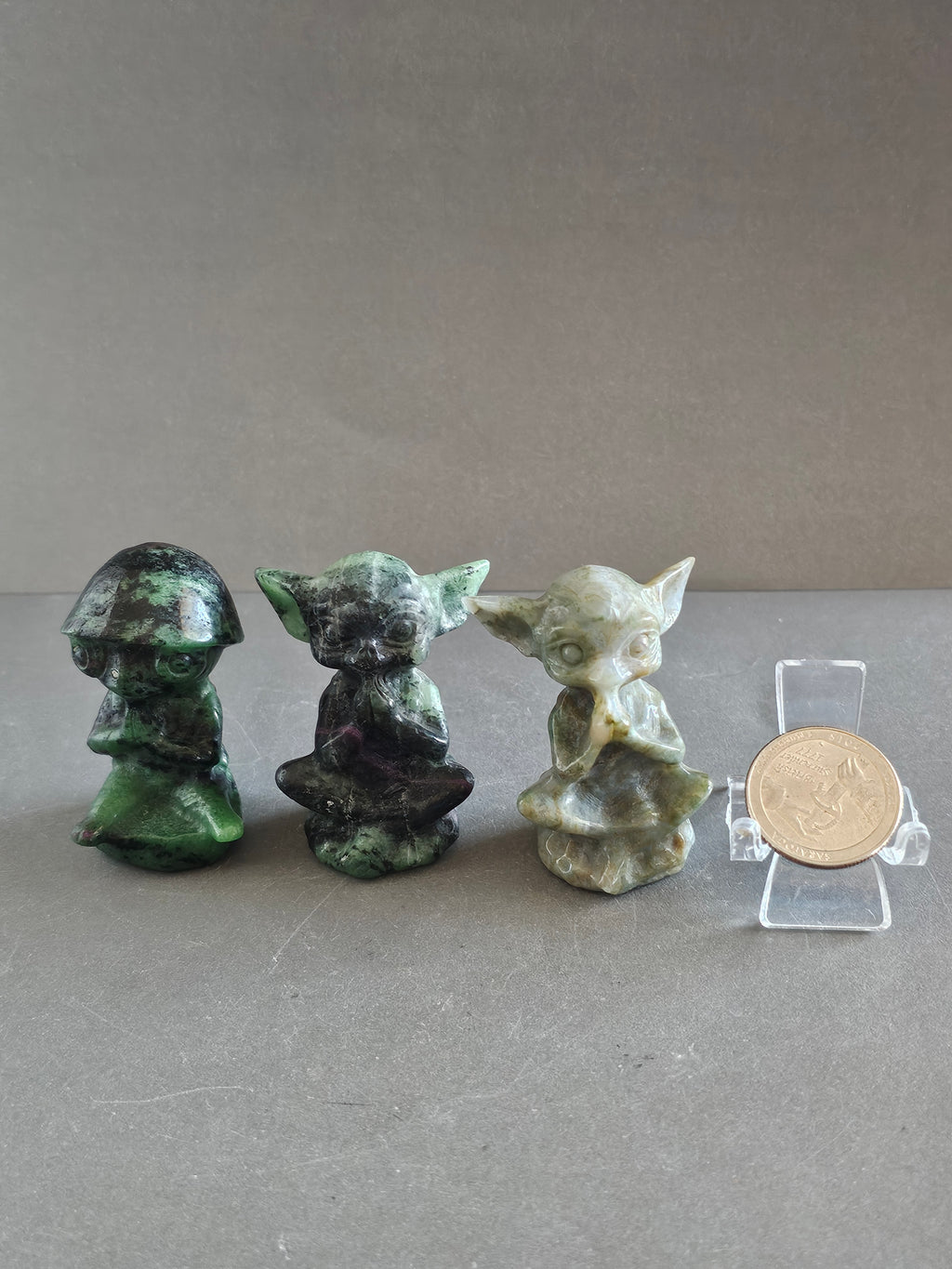 Meditating Alien Crystal Carvings – 2” Tall | Moss Agate & Ruby Zoisite | Peace, Growth & Cosmic Energy