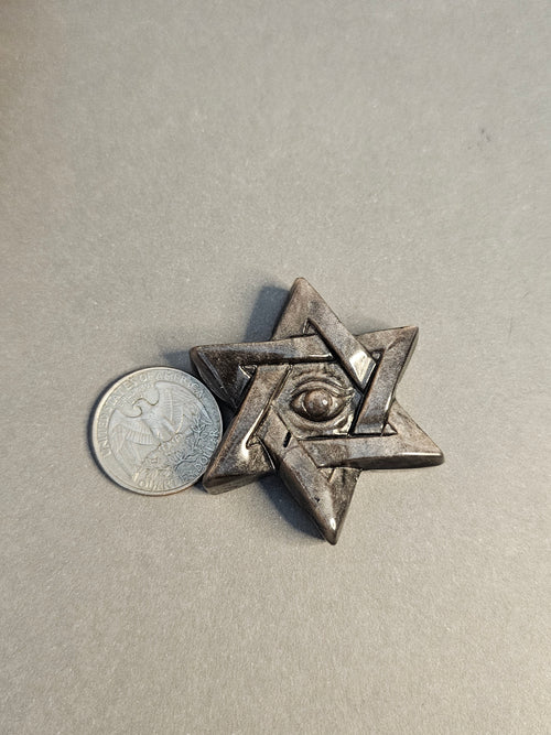 All-Seeing Eye on Hexagram – Silver Sheen Obsidian Symbolic Carving | 2 Inches