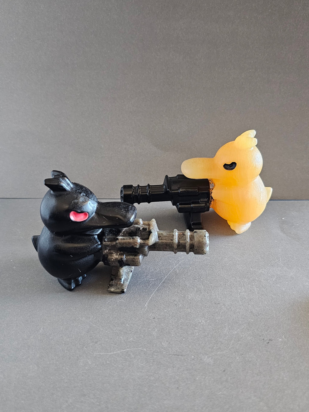 Duck with Machine Gun – Novelty Crystal Carving | Calcite & Obsidian Options | 2.25 Inches