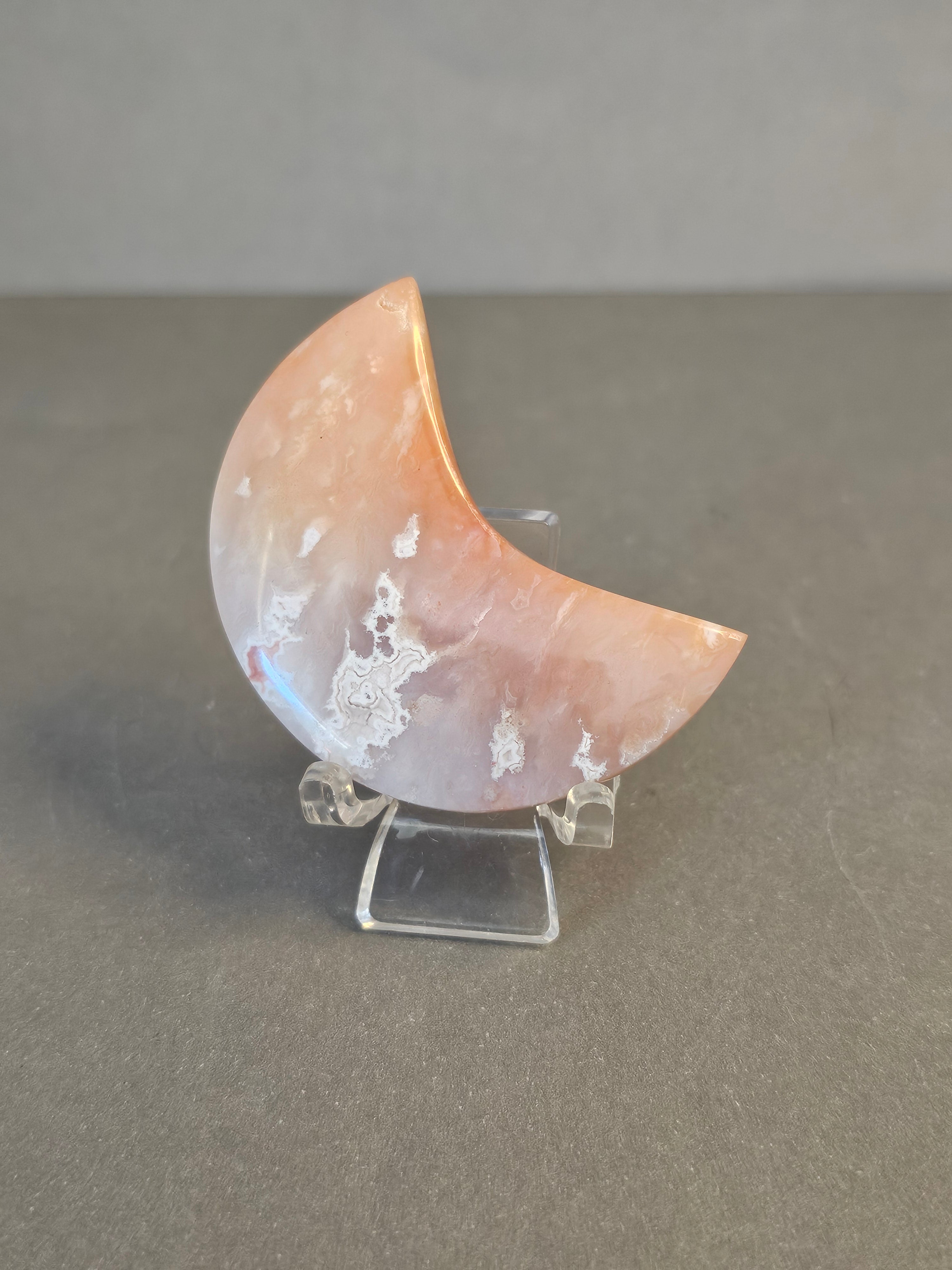 Orange Plume Agate Moon – Lunar Fire Crystal on Stand | 2 Inches