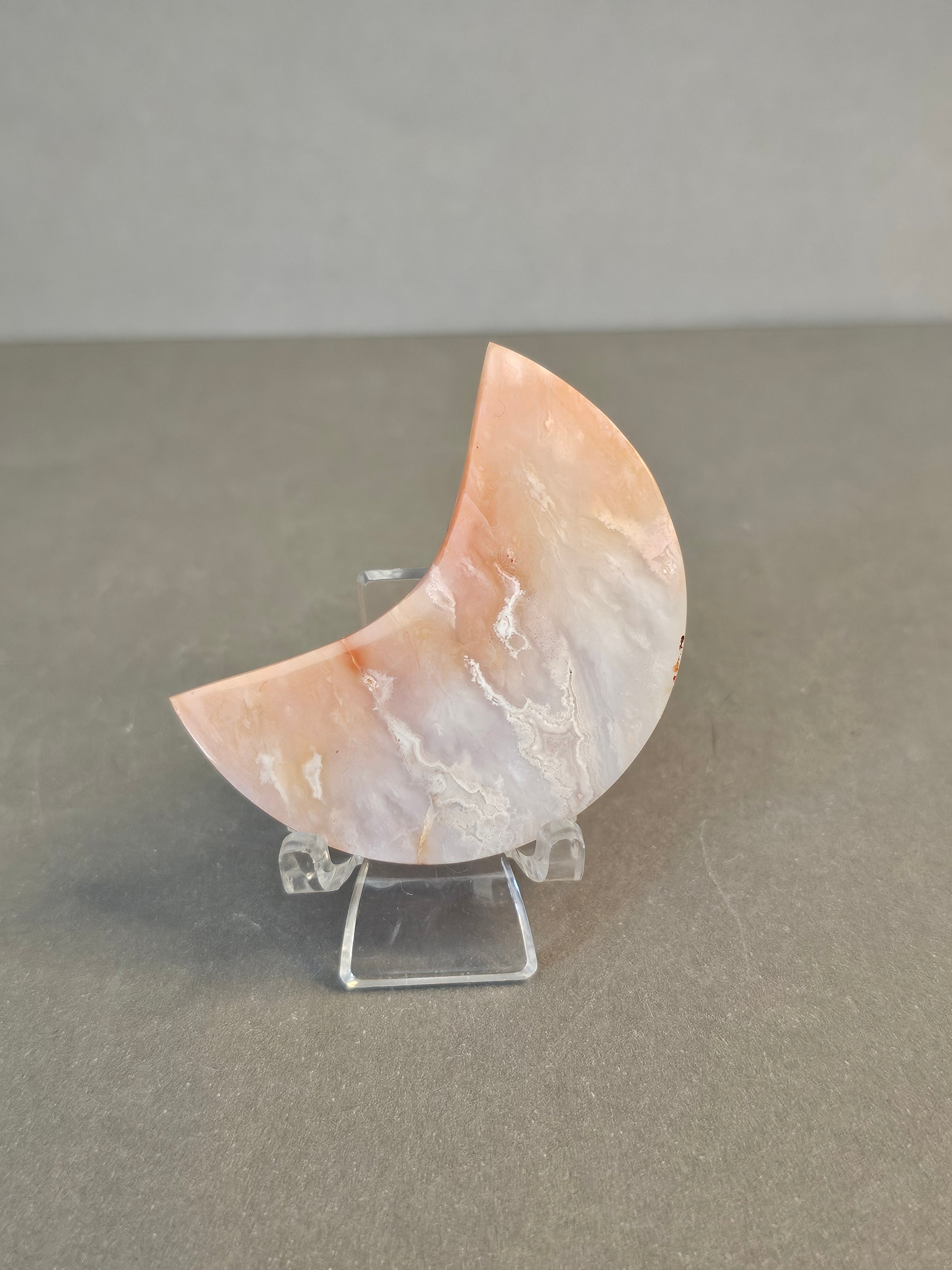 Orange Plume Agate Moon – Lunar Fire Crystal on Stand | 2 Inches