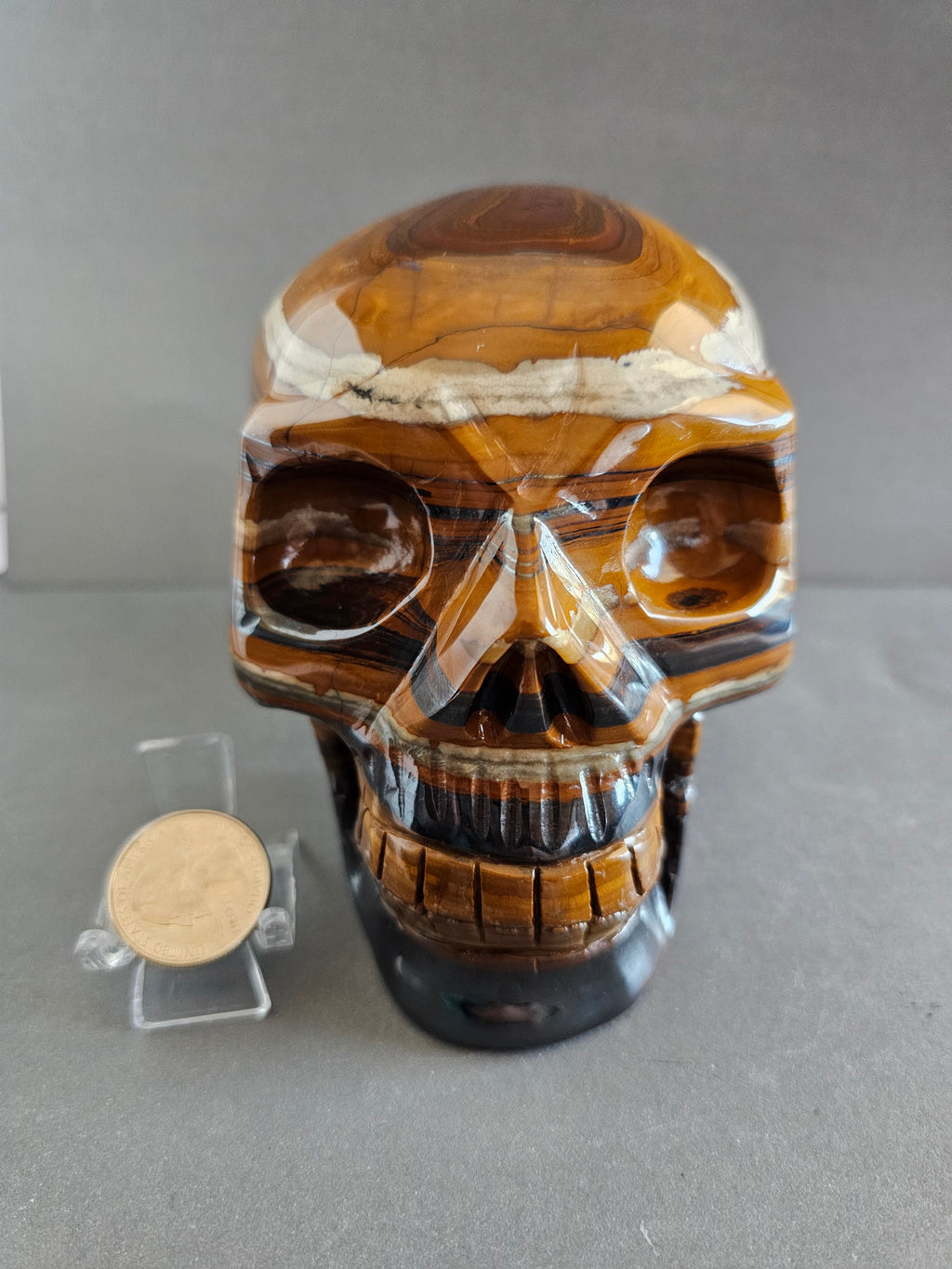 Tiger Iron Skull Carving – 4.5” Tall | Grounding, Strength & Protection Crystal Skull