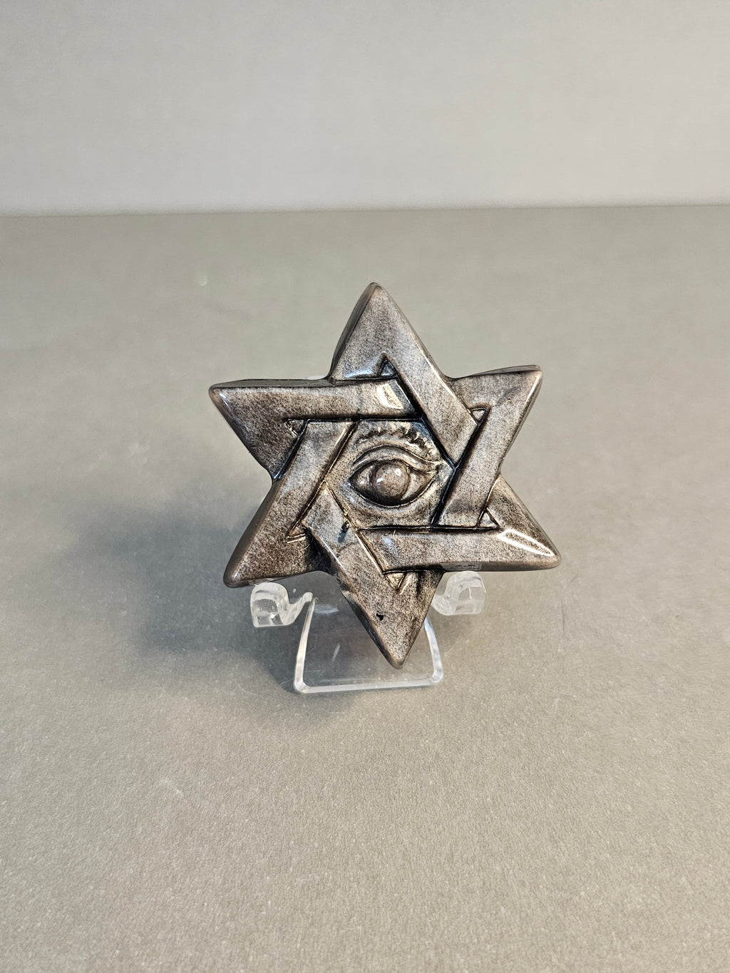 All-Seeing Eye on Hexagram – Silver Sheen Obsidian Symbolic Carving | 2 Inches