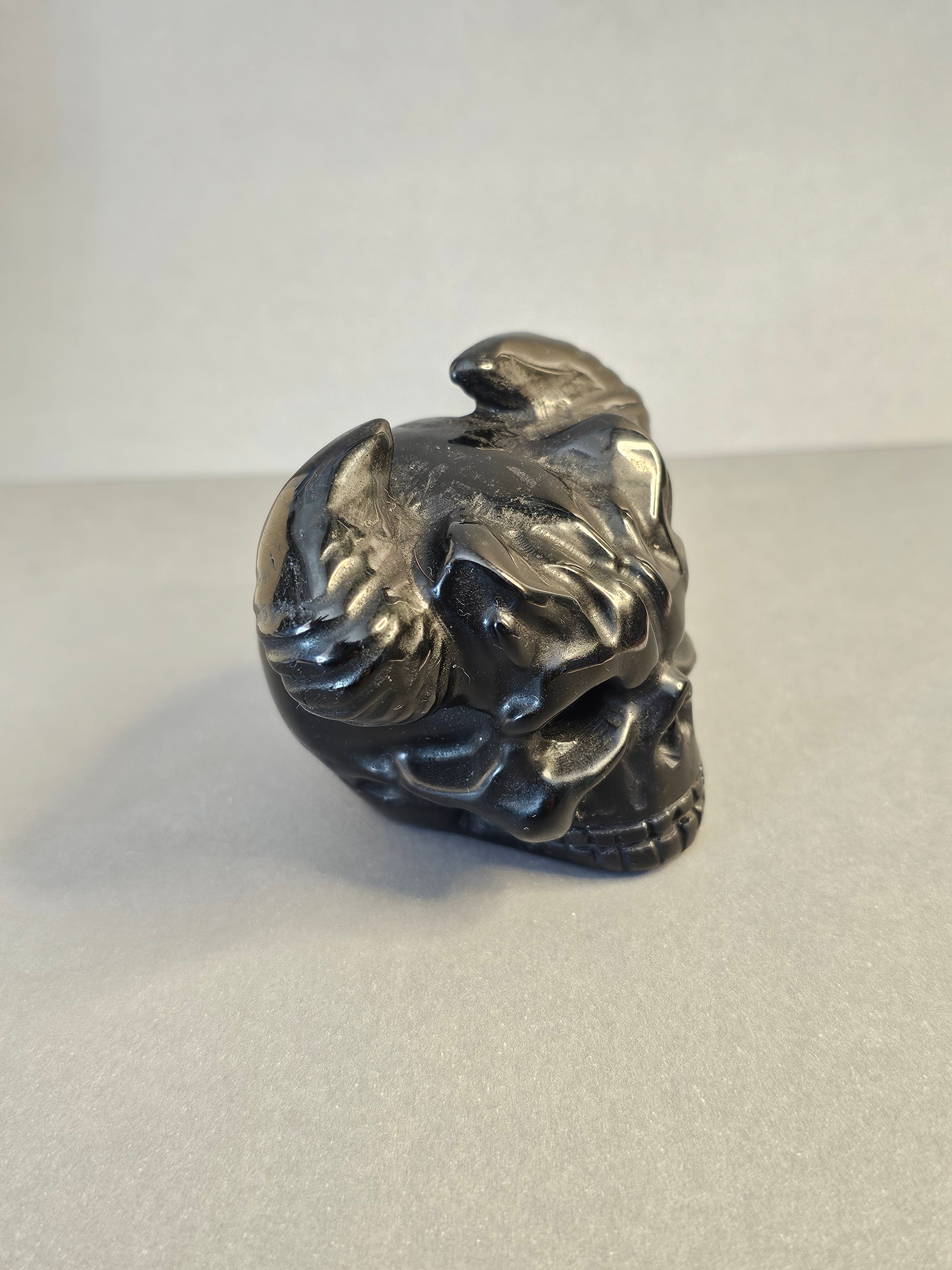 Obsidian Skull with Horns – Dark Protective Crystal Carving | 2.25 Inches