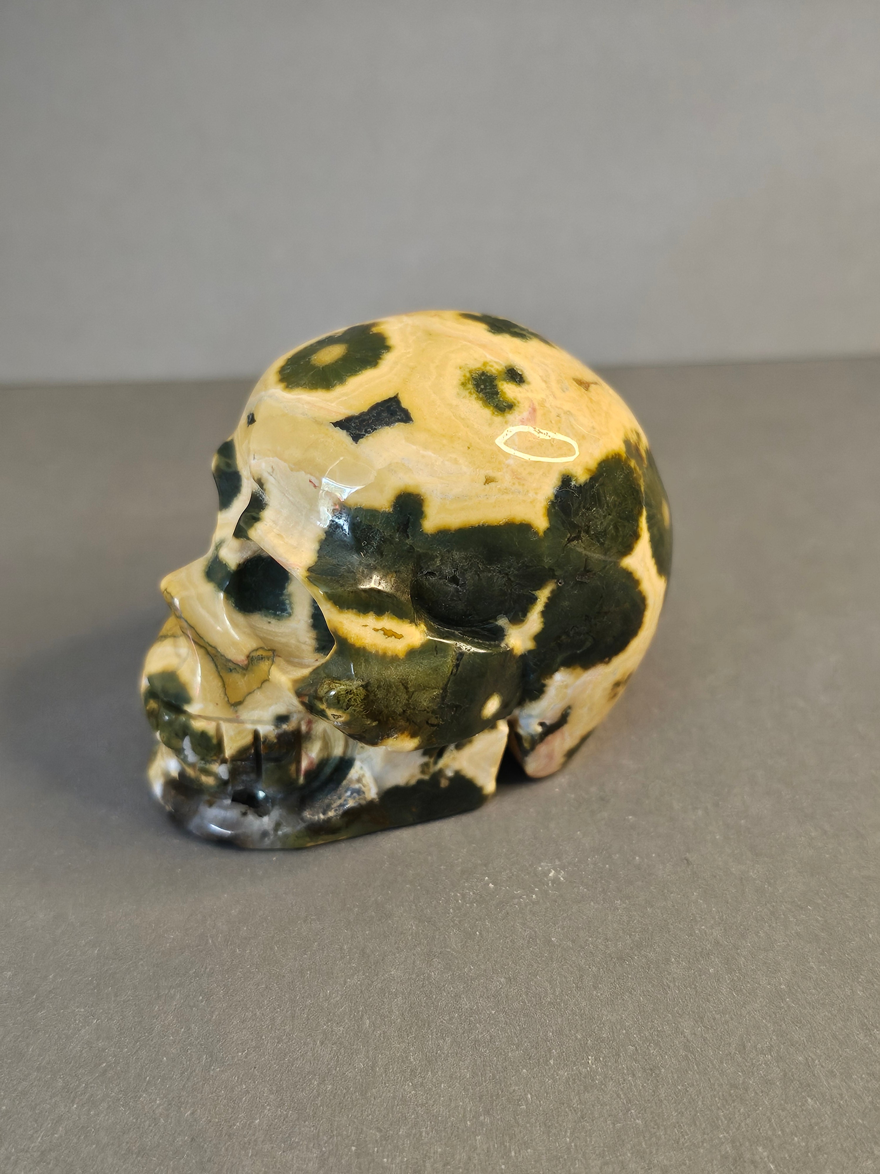 Yellow & Green 8th Vein Ocean Jasper Skull – Orbicular Crystal Skull | 2 Inches