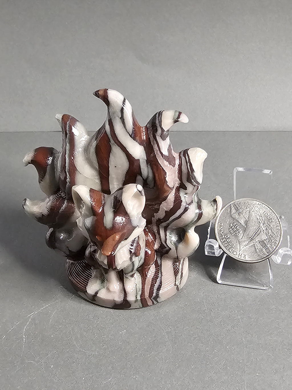 Brown Zebra Jade Nine-Tailed Fox Carving – 2.75" Mythical Spirit Figure