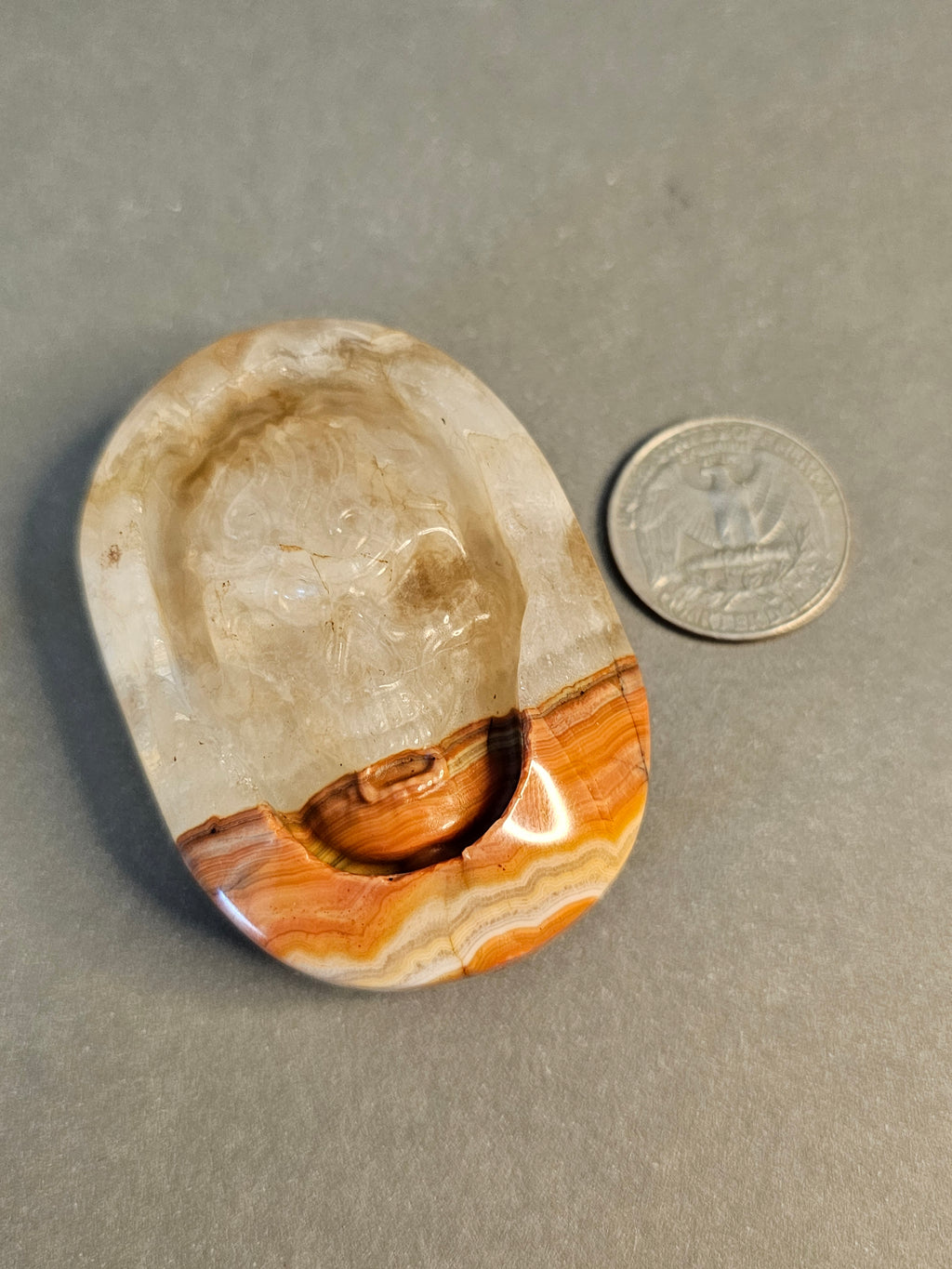 Lace Agate Skull Palm Stone – Calming Crystal Carving | 2.75 Inches