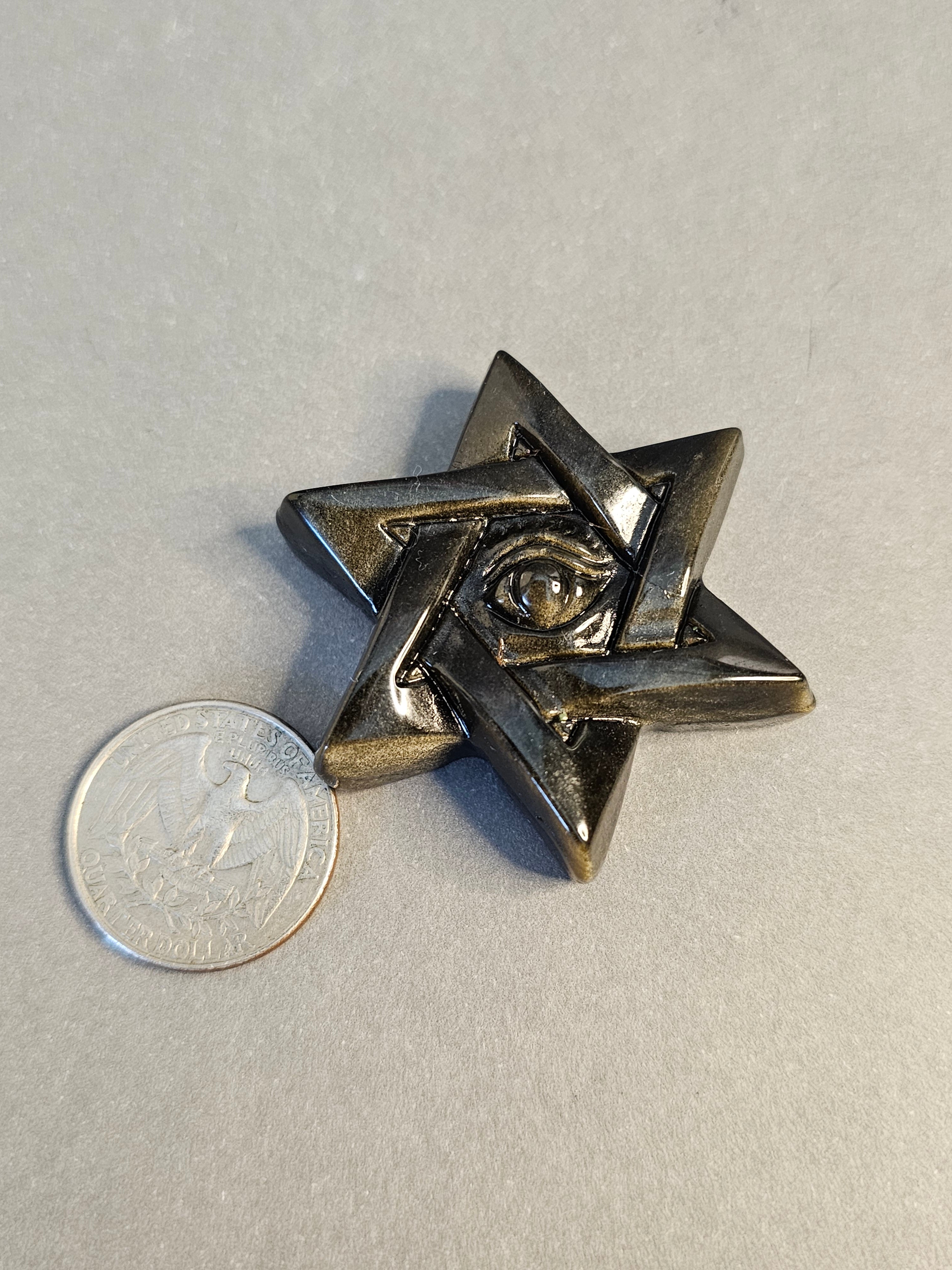All-Seeing Eye on Hexagram – Golden Obsidian Protection Carving | 2 Inches