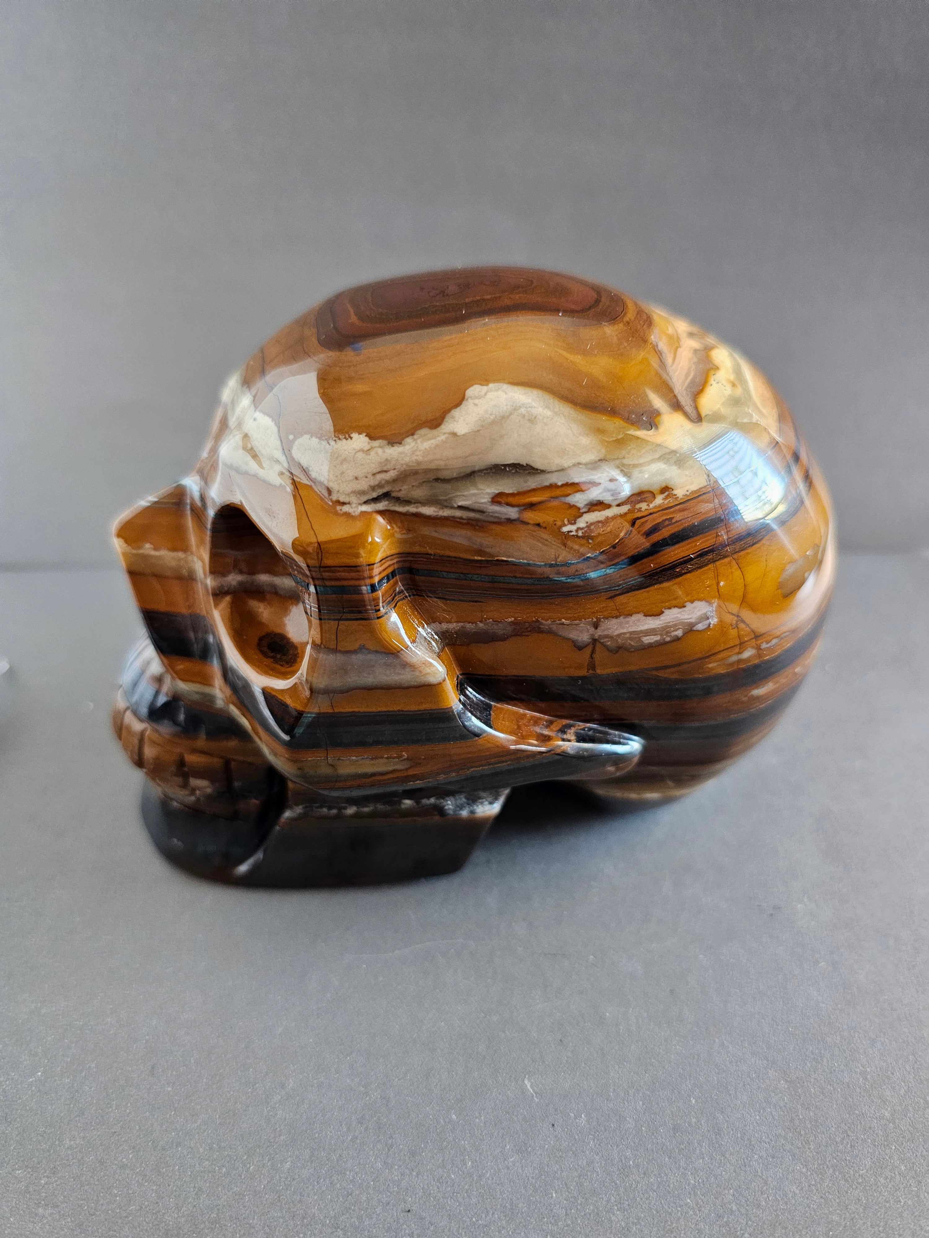 Tiger Iron Skull Carving – 4.5” Tall | Grounding, Strength & Protection Crystal Skull