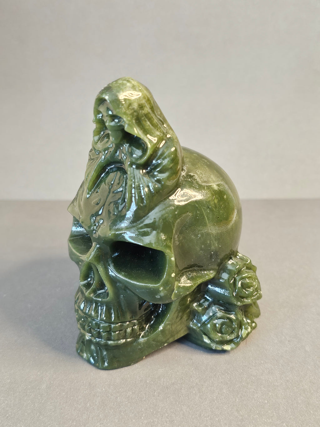 Jade Reaper on Skull – Guardian of Transition Crystal Carving | 4 Inches