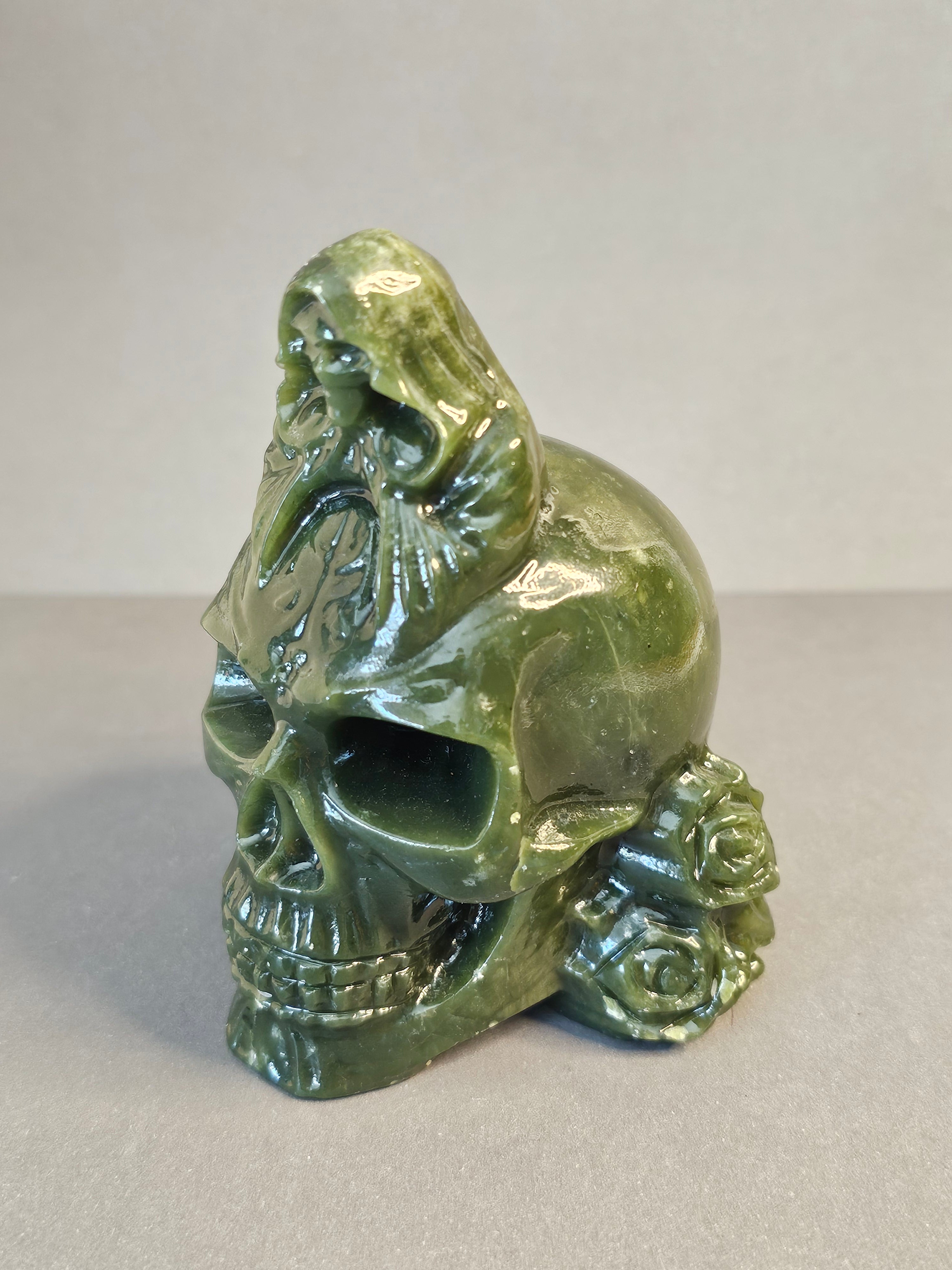 Jade Reaper on Skull – Guardian of Transition Crystal Carving | 4 Inches
