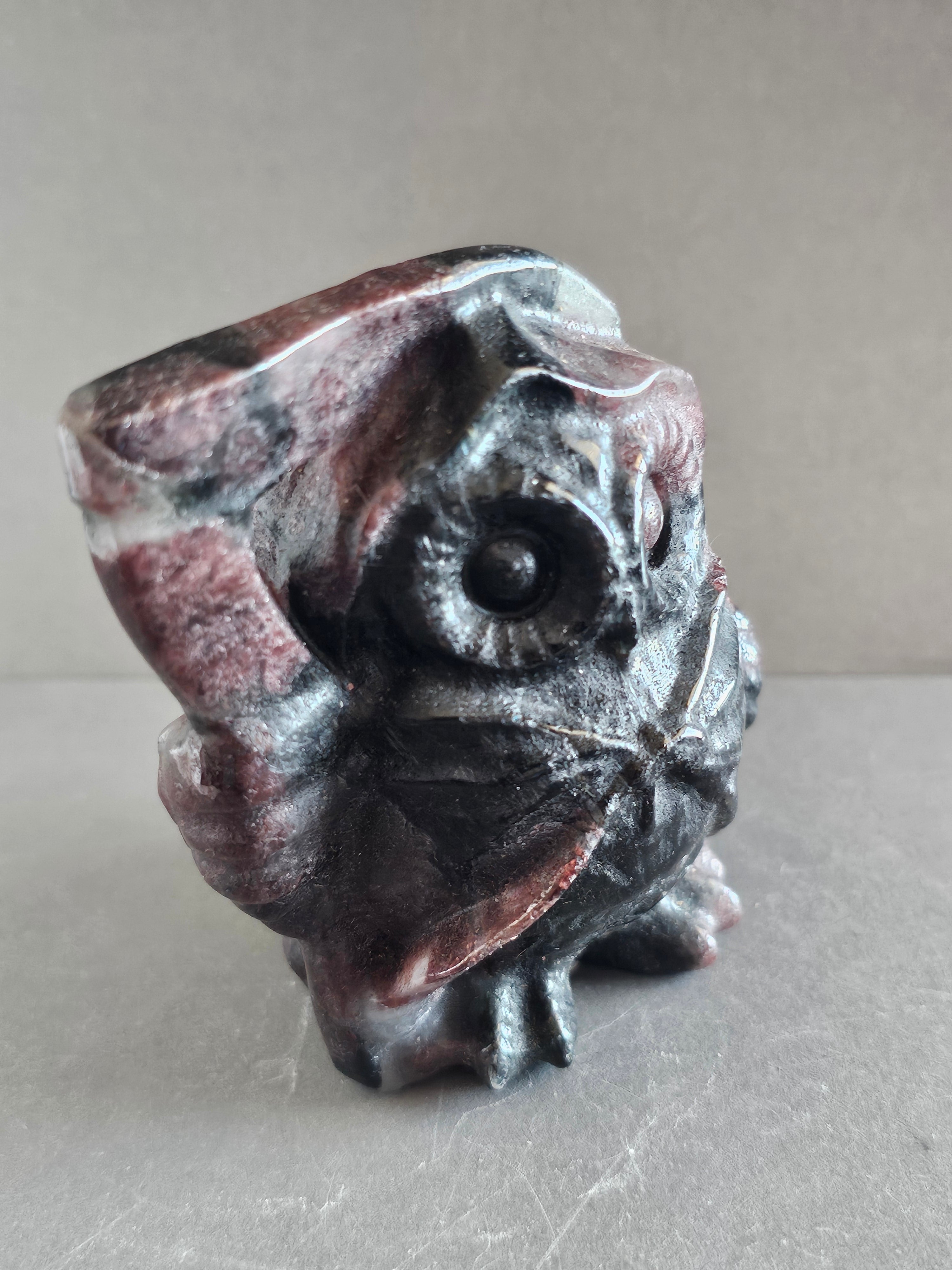 Garnet Astrophyllite Reaper Owl Carving – 3” Tall | Shadow Work, Transformation & Protection Crystal