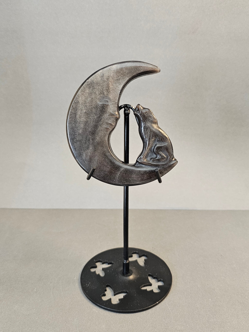 Silver Sheen Obsidian Howling Wolf on Moon – Intuition & Protection Crystal | 6 Inches on Stand