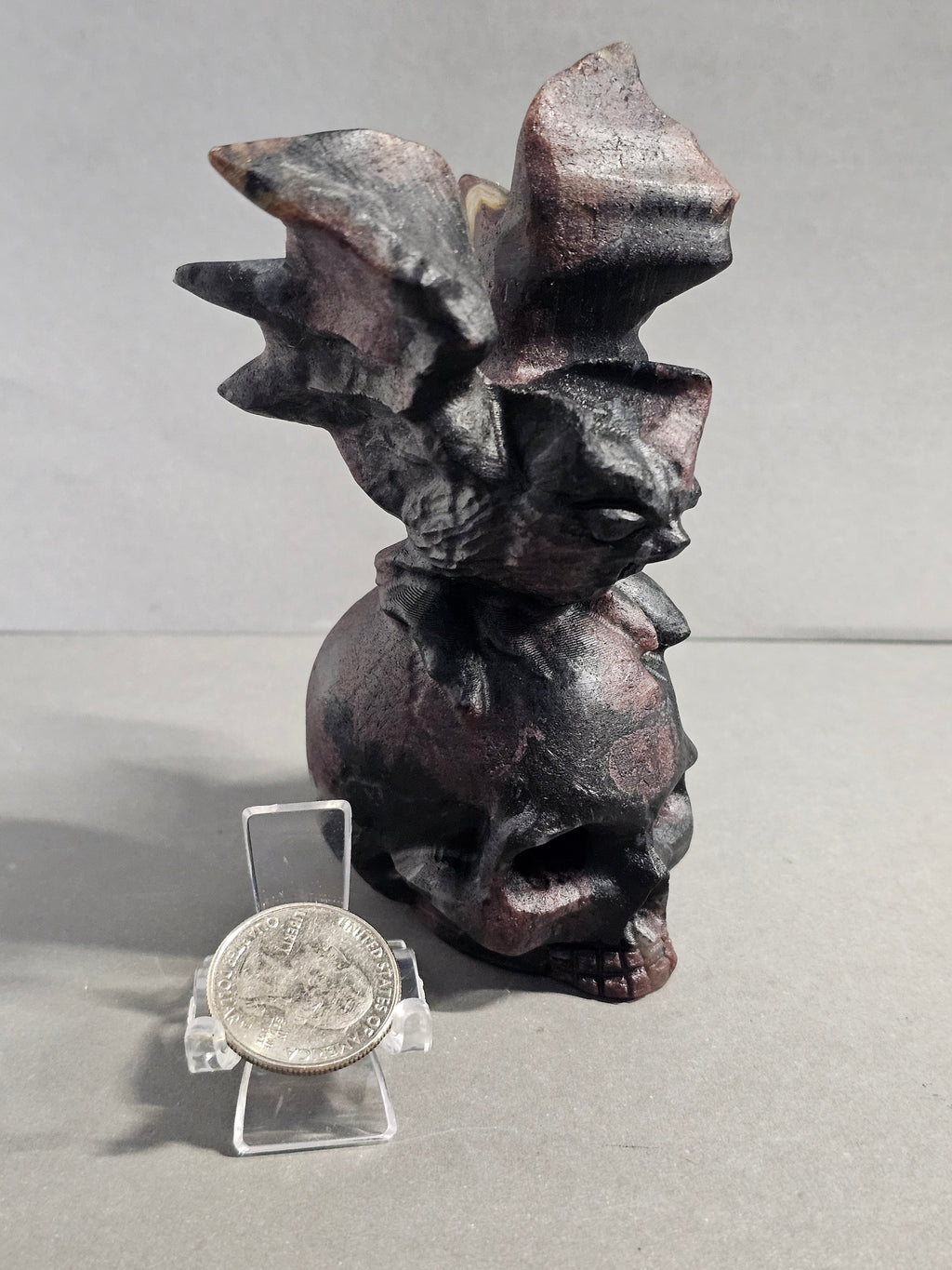 Garnet Astrophyllite Skull with Bat Carving – 4.5 Inch Gothic Crystal Skull