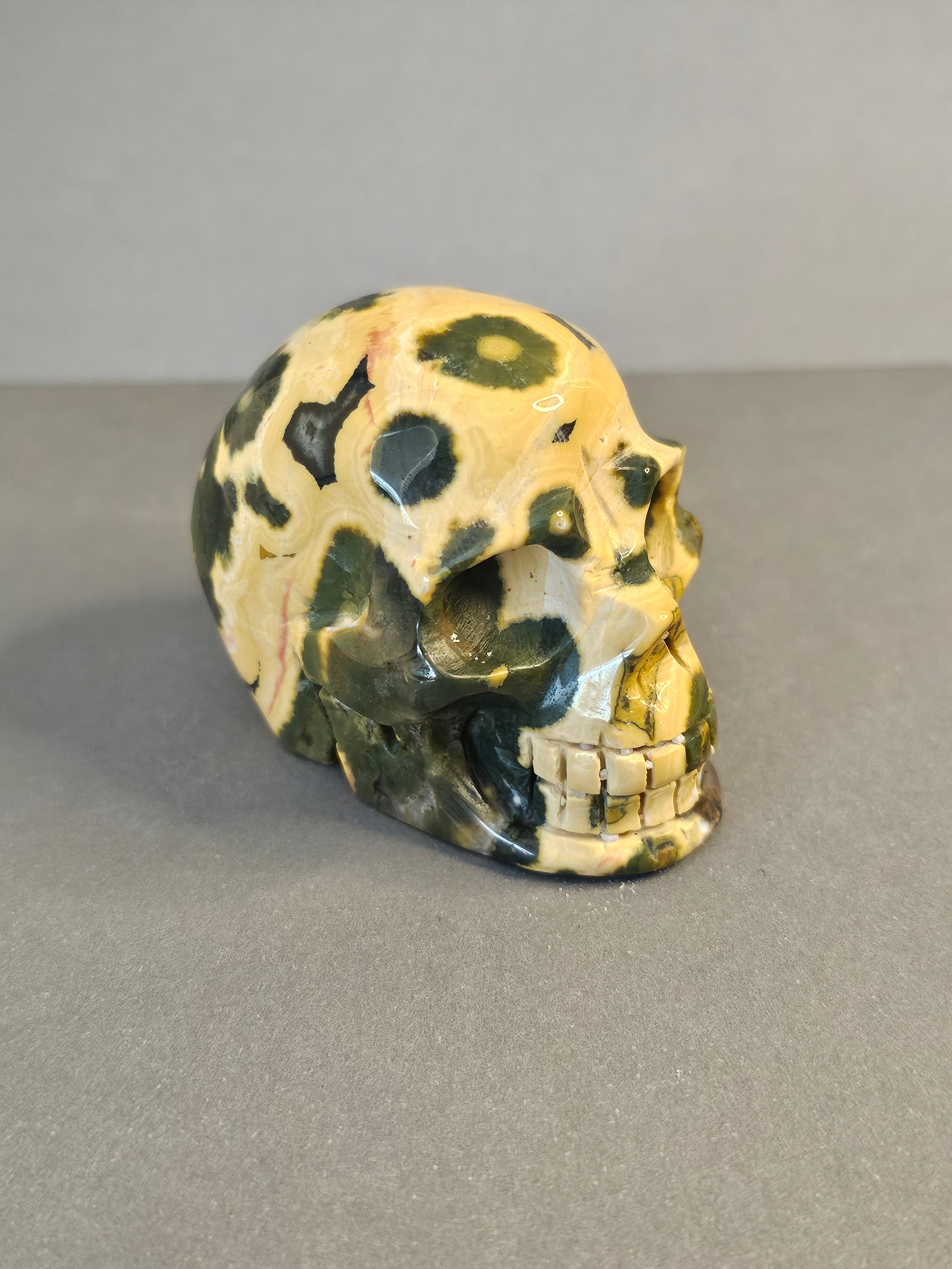 Yellow & Green 8th Vein Ocean Jasper Skull – Orbicular Crystal Skull | 2 Inches