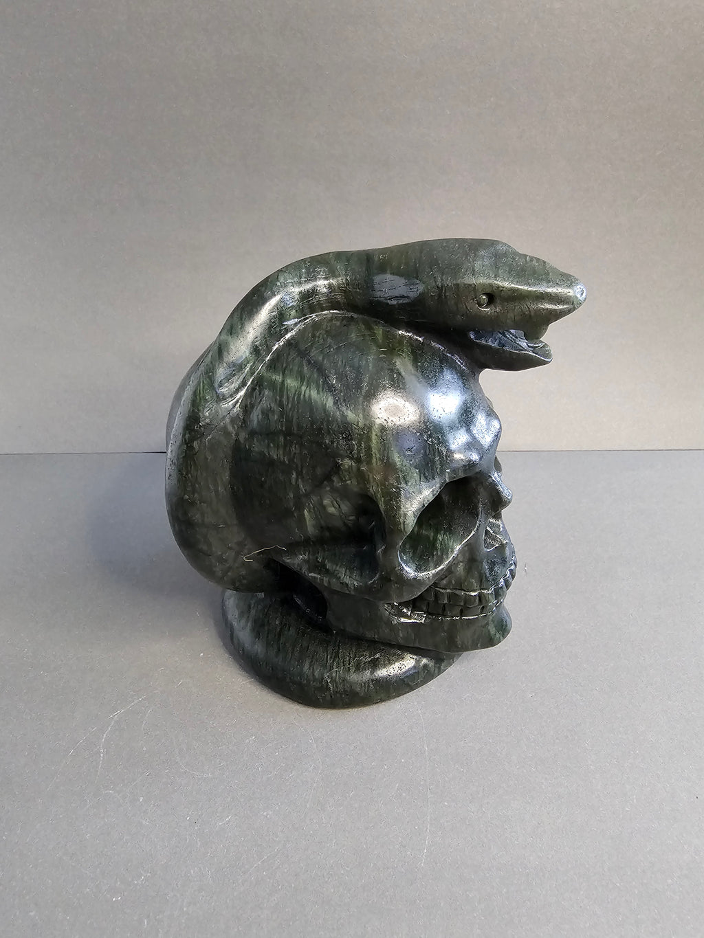 Dark Green Jade Skull with Snake Carving – 4 Inch Crystal Skull