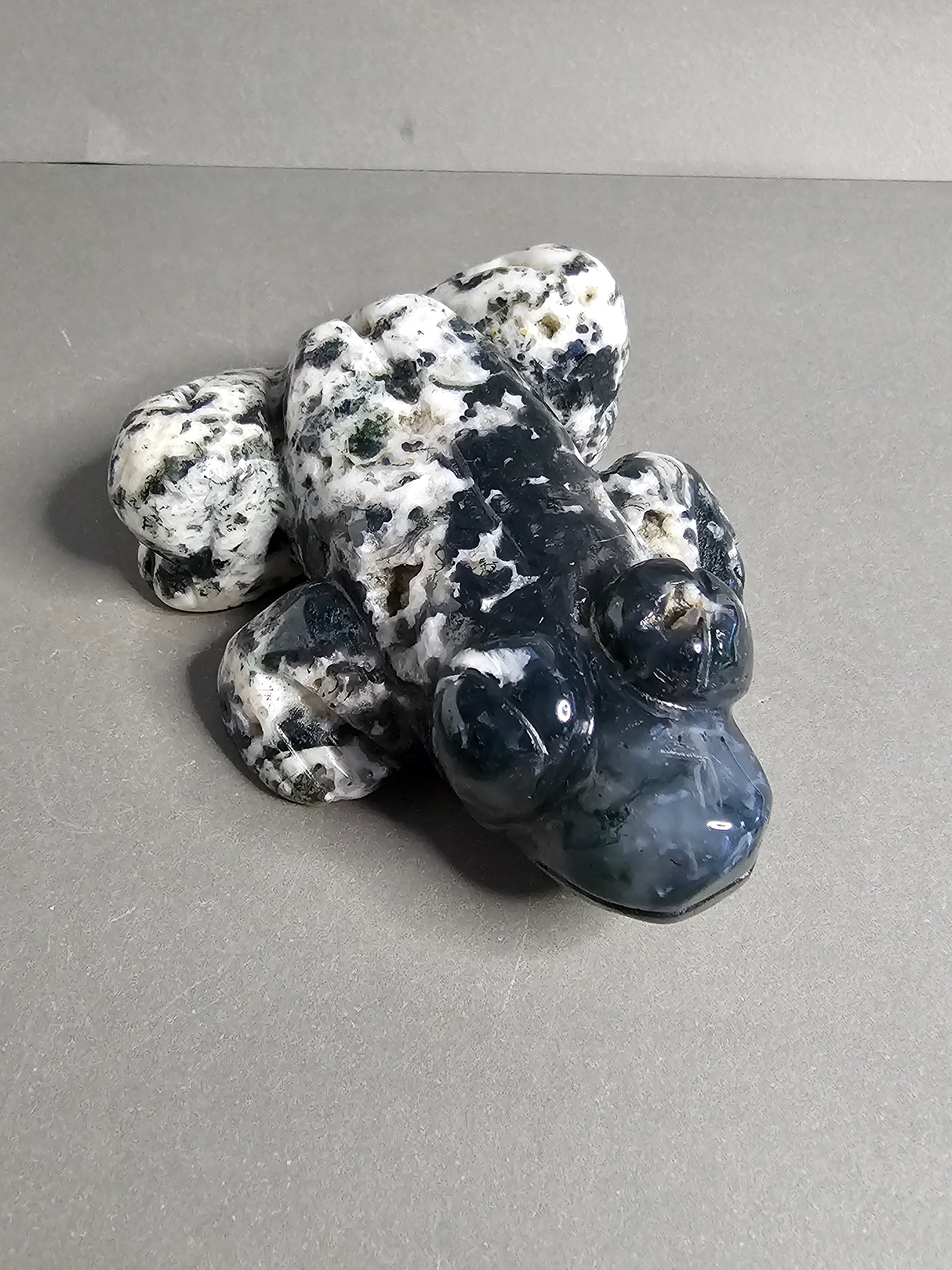 Moss Agate Frog Carving – 3.5" Crystal Frog Figurine