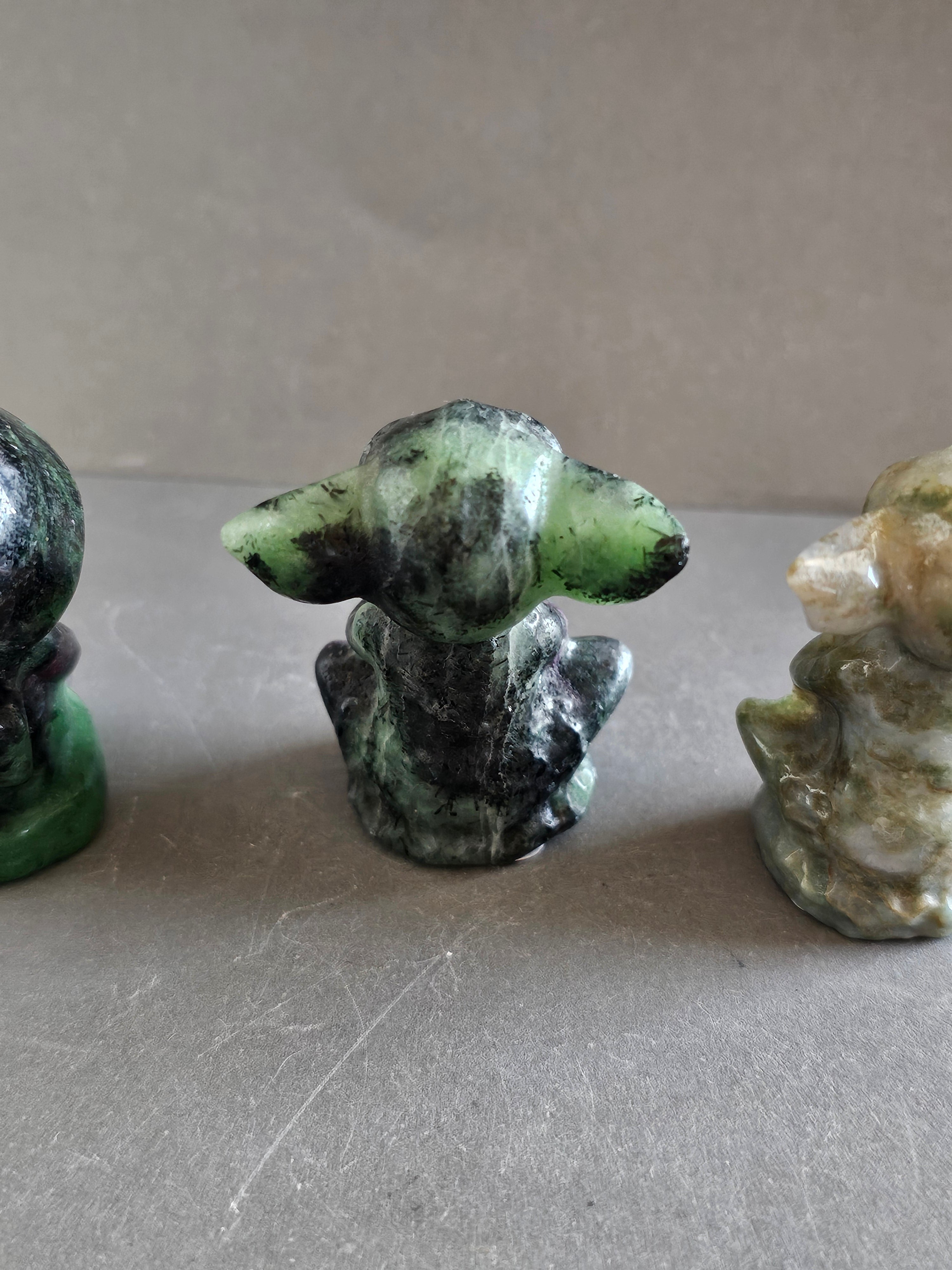 Meditating Alien Crystal Carvings – 2” Tall | Moss Agate & Ruby Zoisite | Peace, Growth & Cosmic Energy