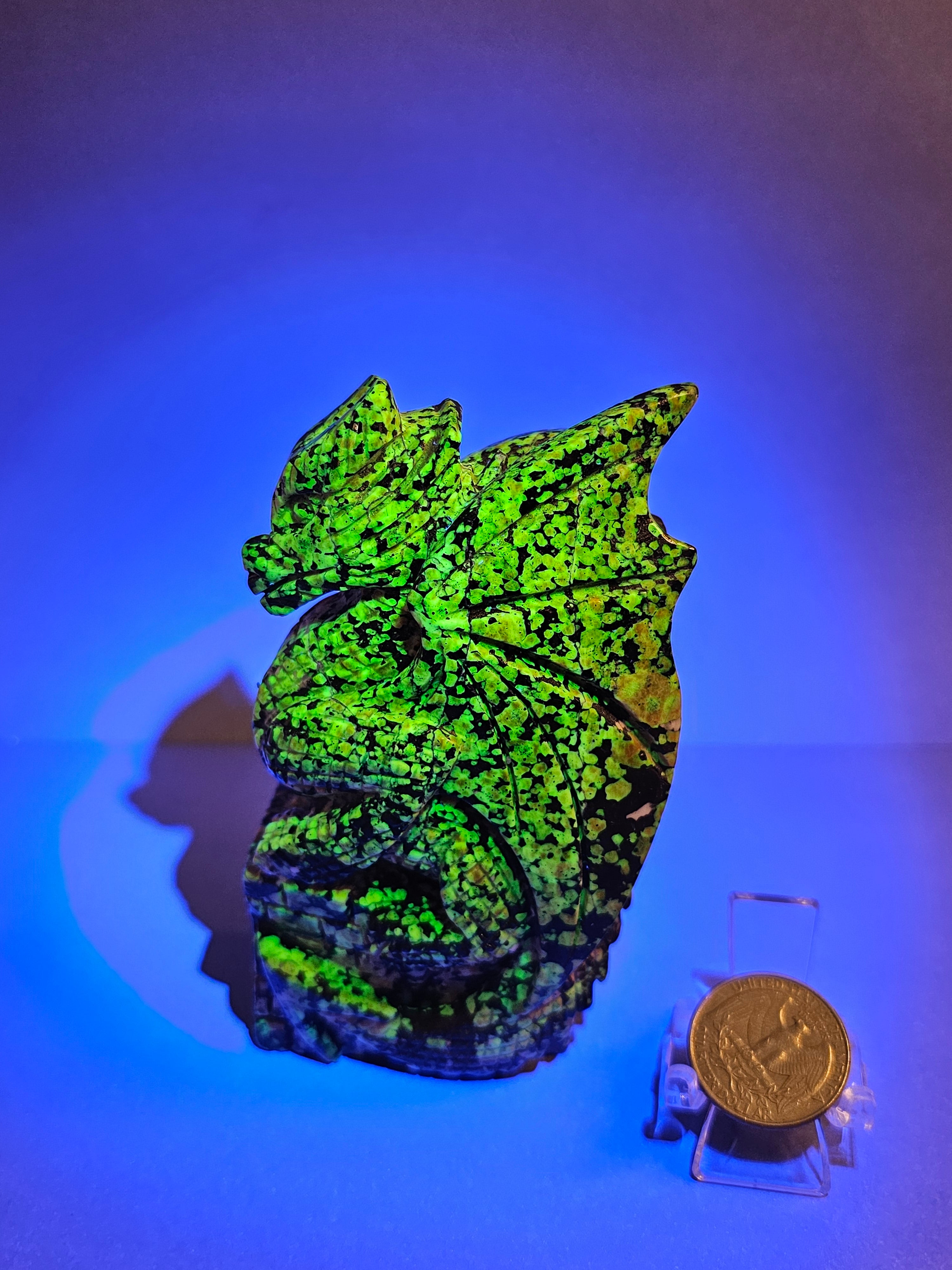 right side of dragon on castle carved out of Willemite glowing green under UV light.
