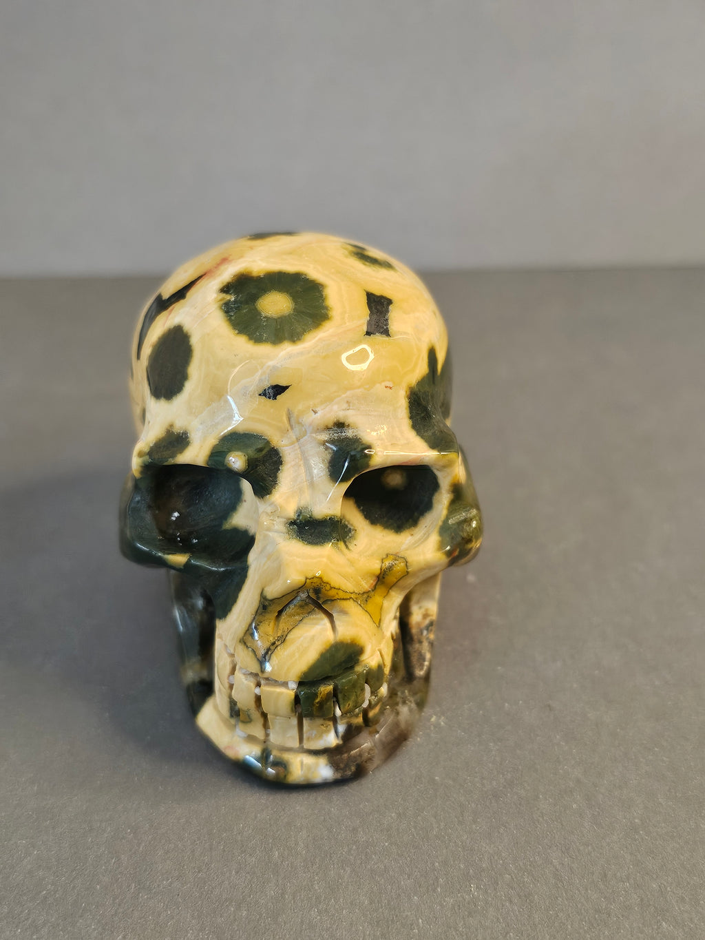 Yellow & Green 8th Vein Ocean Jasper Skull – Orbicular Crystal Skull | 2 Inches