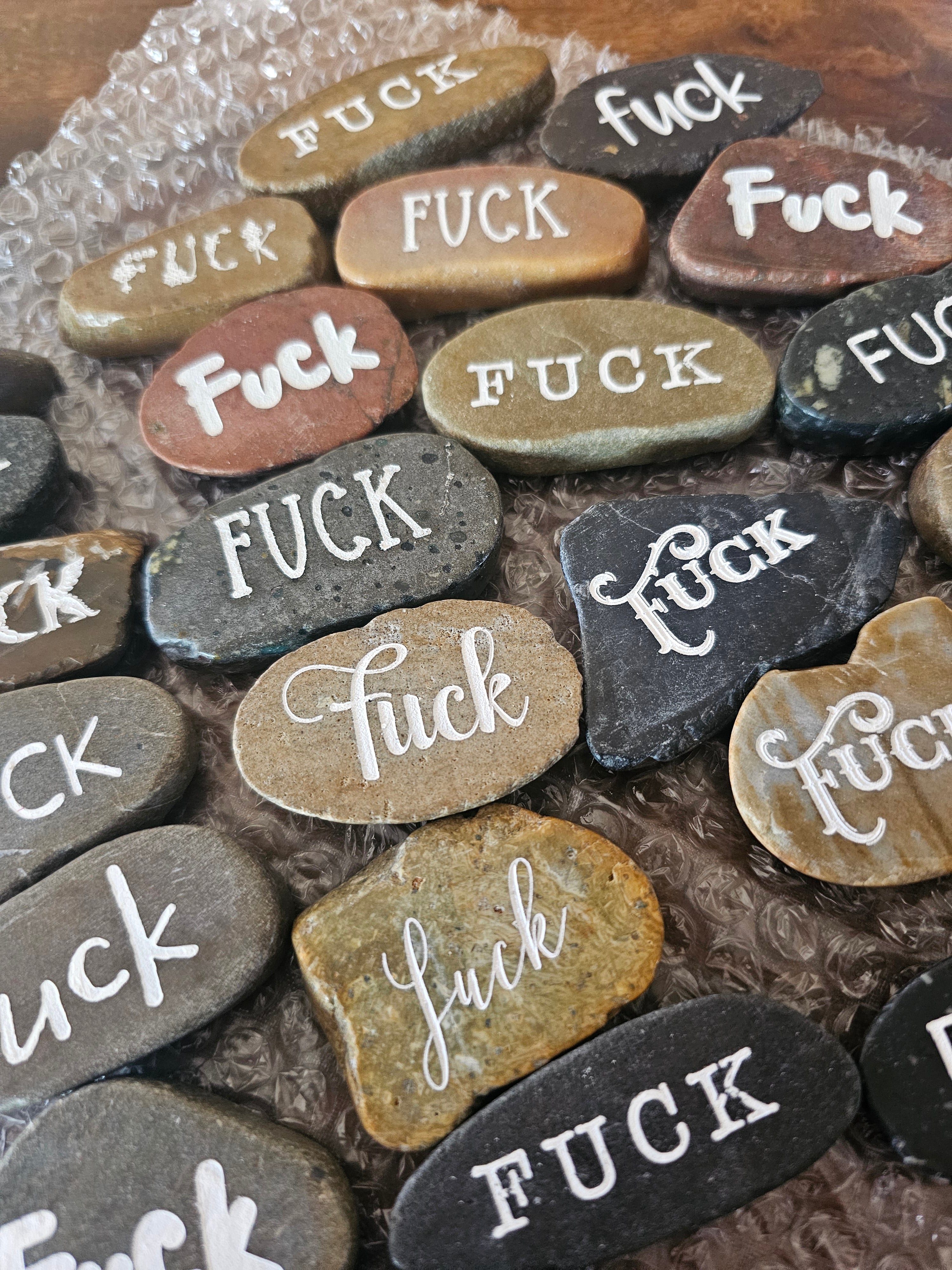Laser-Engraved River Rock – “Fuck” Word Stone | 2–3 Inches