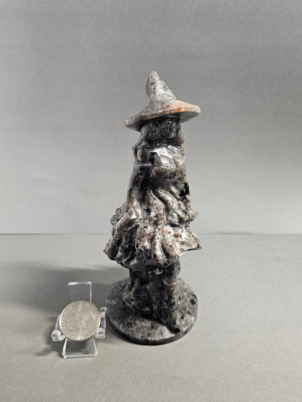 Witch with Broken Broom – Resilience & Heart Magic Crystal Carving | 6 Inches