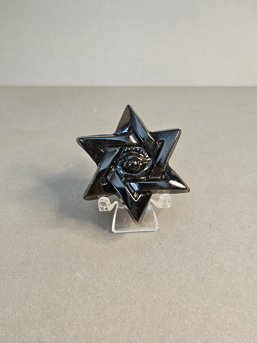 All-Seeing Eye on Hexagram – Golden Obsidian Protection Carving | 2 Inches