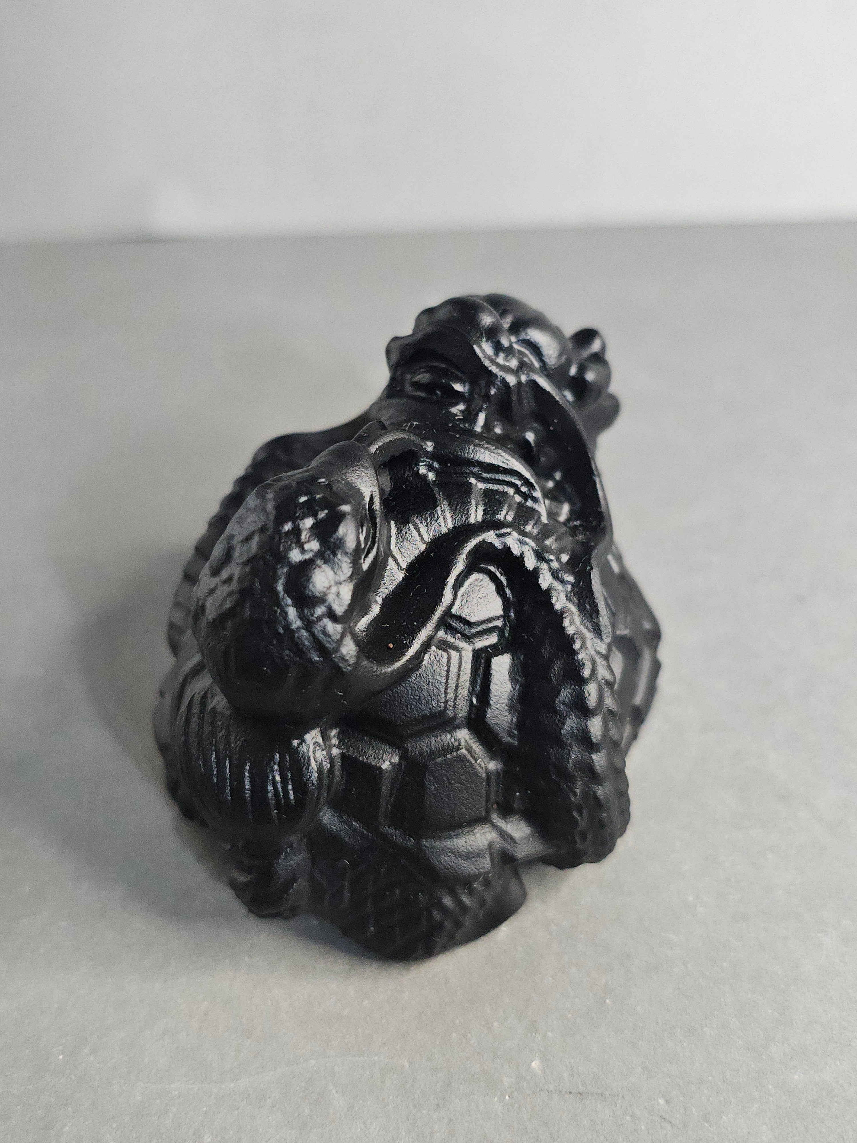 Obsidian Dragon Turtle with Snake – 2" Guardian Collector Carving
