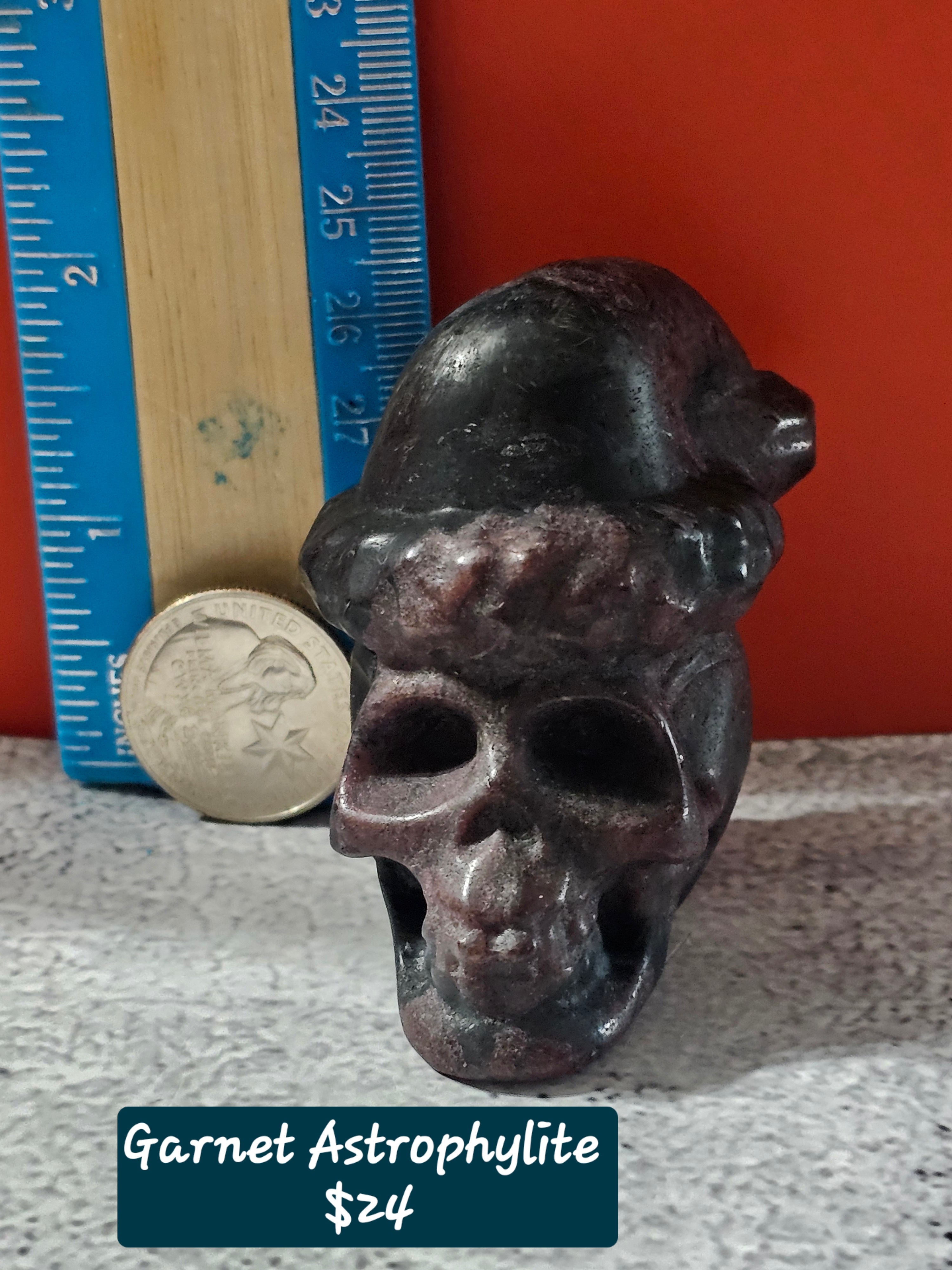 Skull with Santa Hat – Festive Crystal Skull | Larvikite or Garnet Astrophyllite | 2 Inches