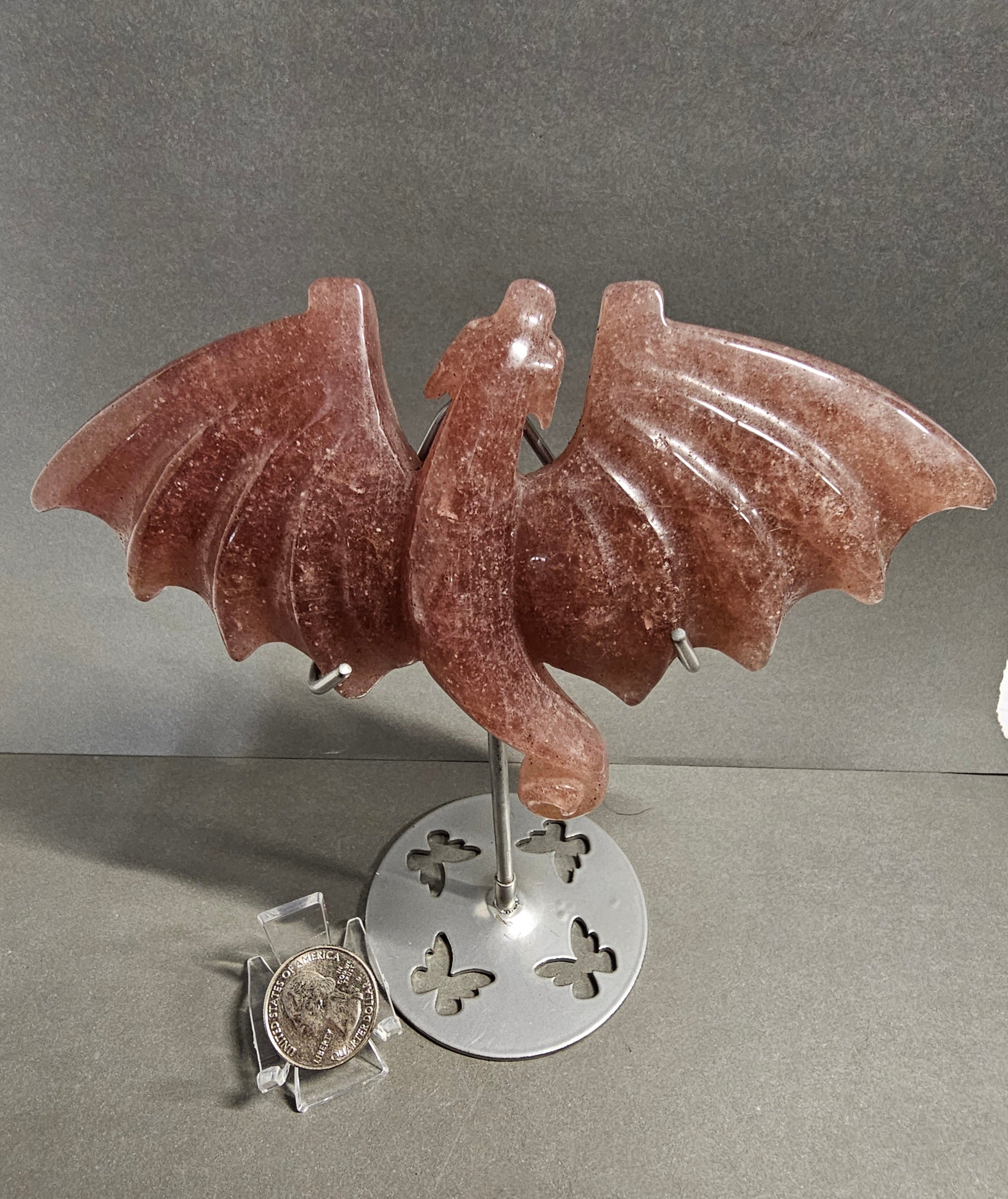 Strawberry Quartz Flying Dragon on Stand – 6x6 Inch Crystal Carving Flat Back