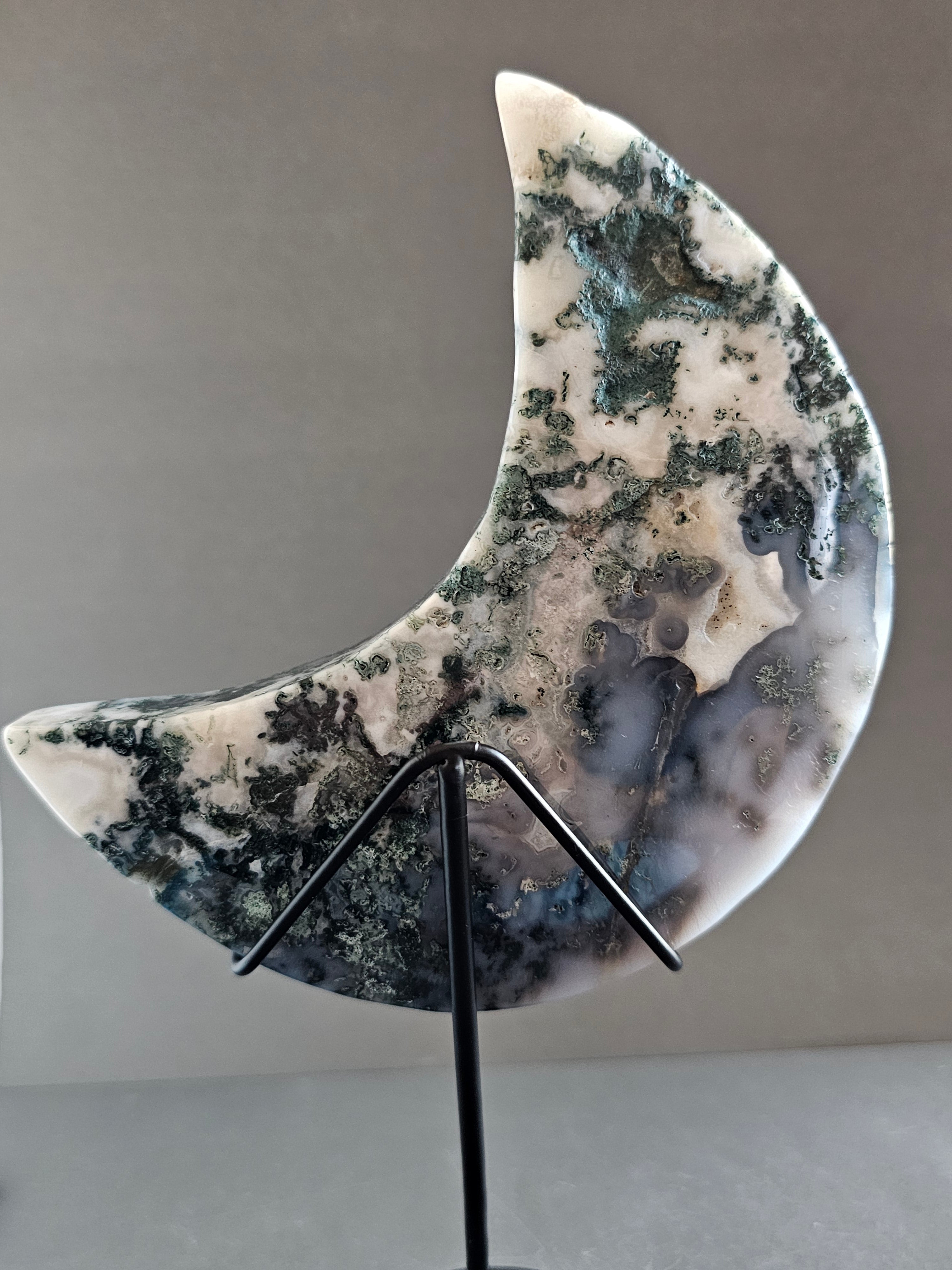 Moss Agate Moon on Stand – 8.5” Tall | Growth, Grounding & Lunar Energy Statement Piece
