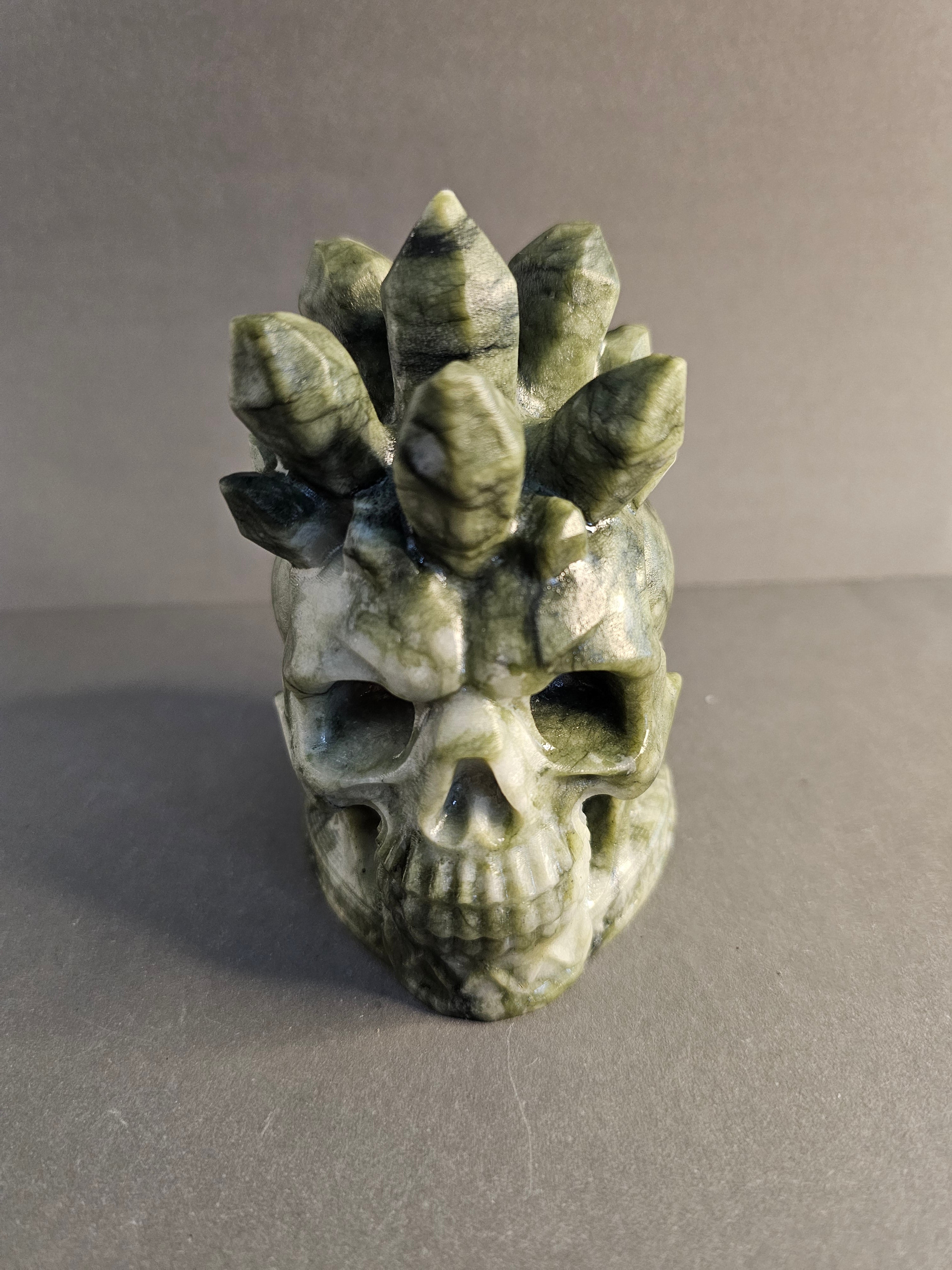 Yushu Jade Skull with Cluster Points – Growth & Wisdom Crystal Carving | 4 Inches