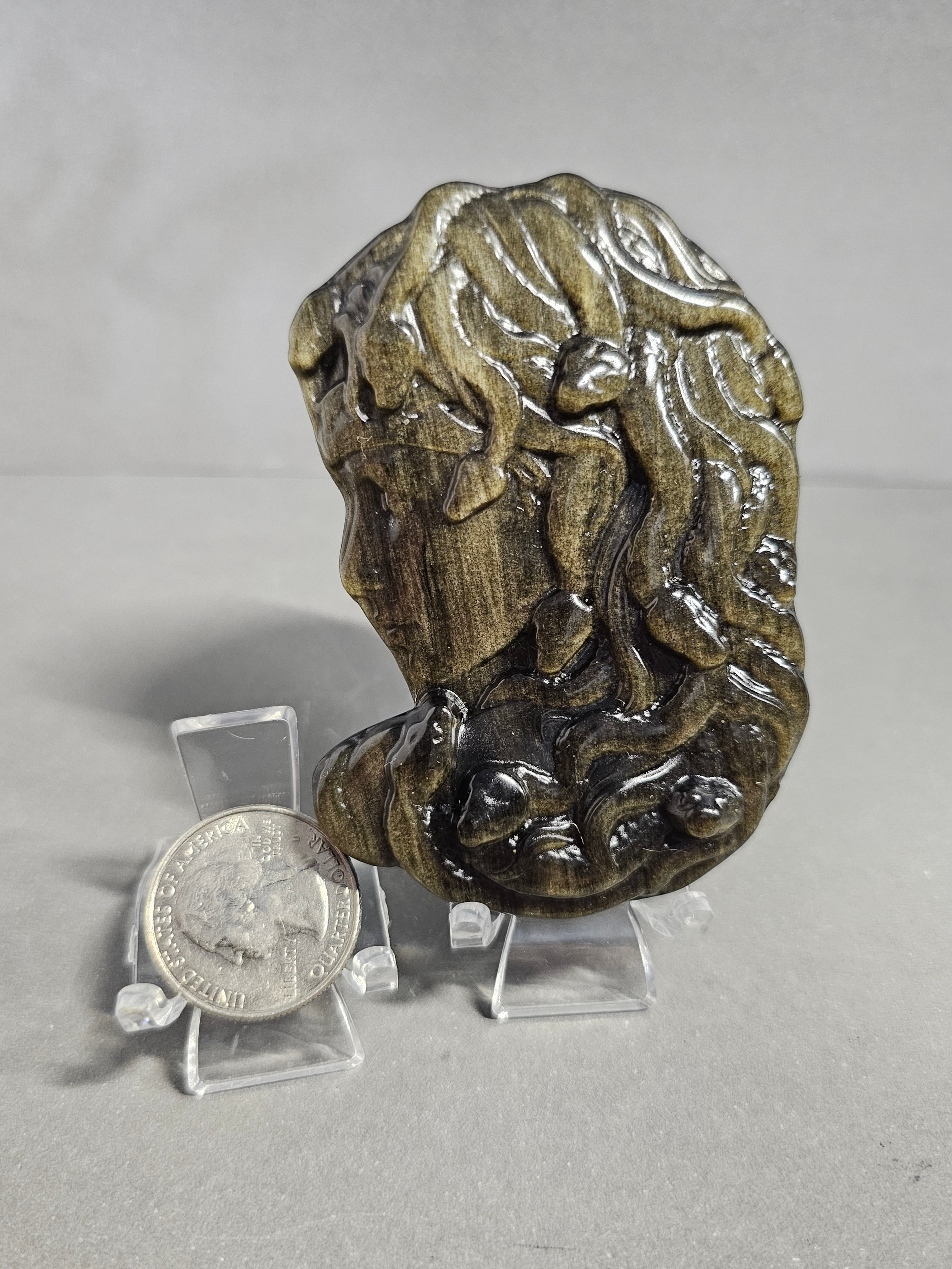 Golden Obsidian Medusa Side Profile – 3.25 Inch Crystal Carving with Stand