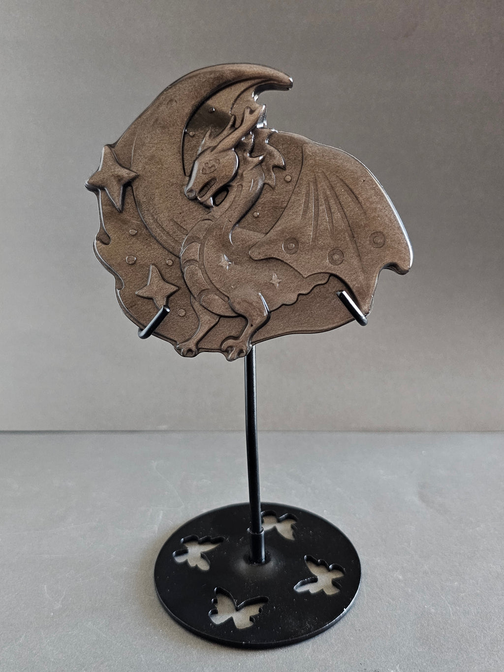 Silversheen Obsidian Dragon on Stand – 6.5” Tall | Protection, Power & Shadow Energy Statement Piece