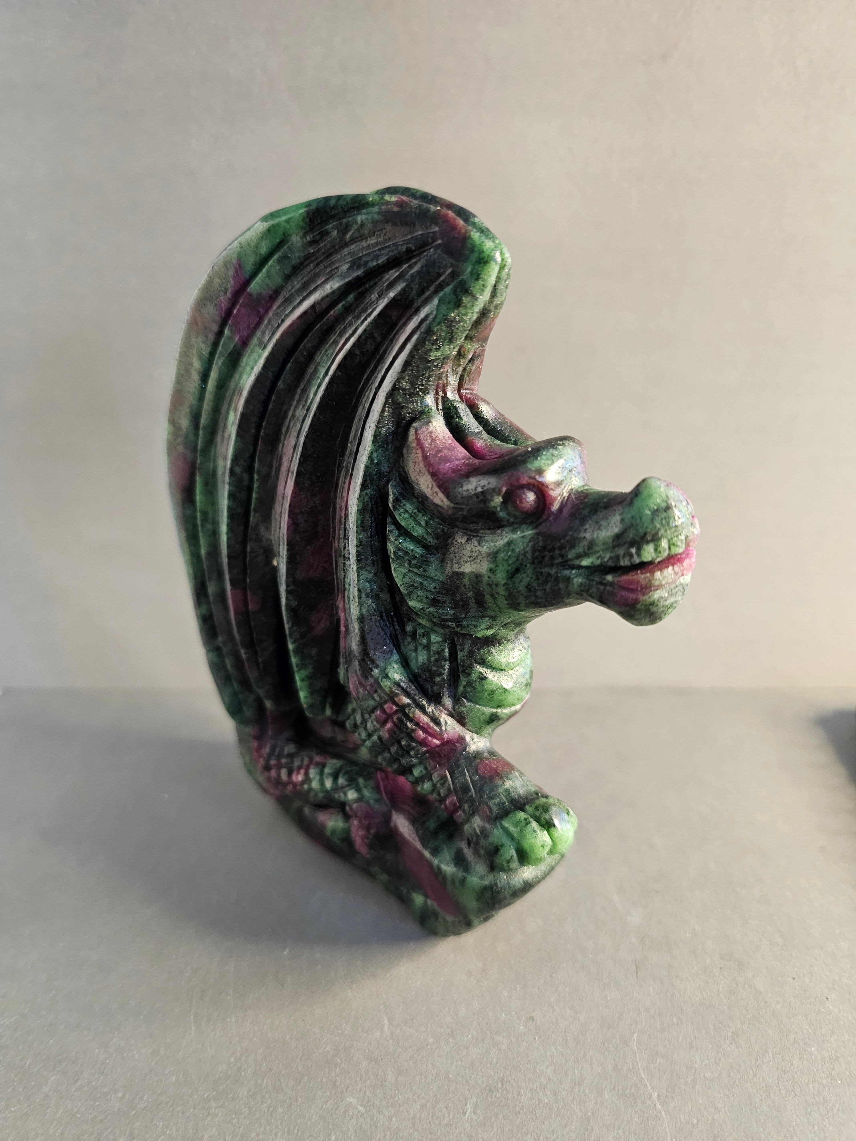 Ruby Zoisite Dragon – Passion & Growth Crystal Carving | 6 Inches Tall