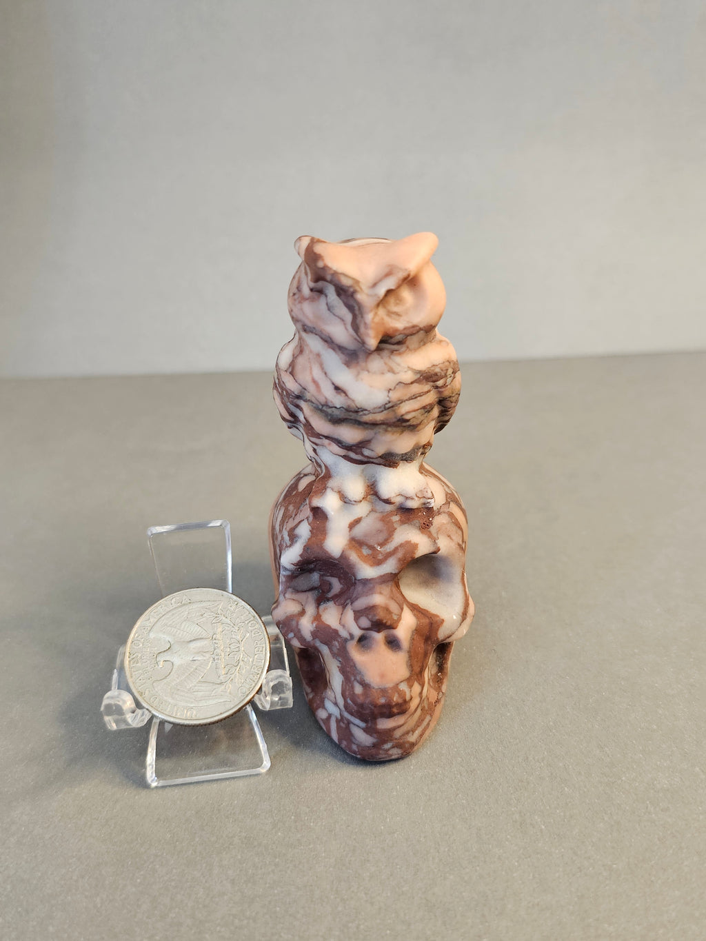 Chocolate Jade Skull with Owl – Wisdom & Protection Crystal Carving | 3 Inches