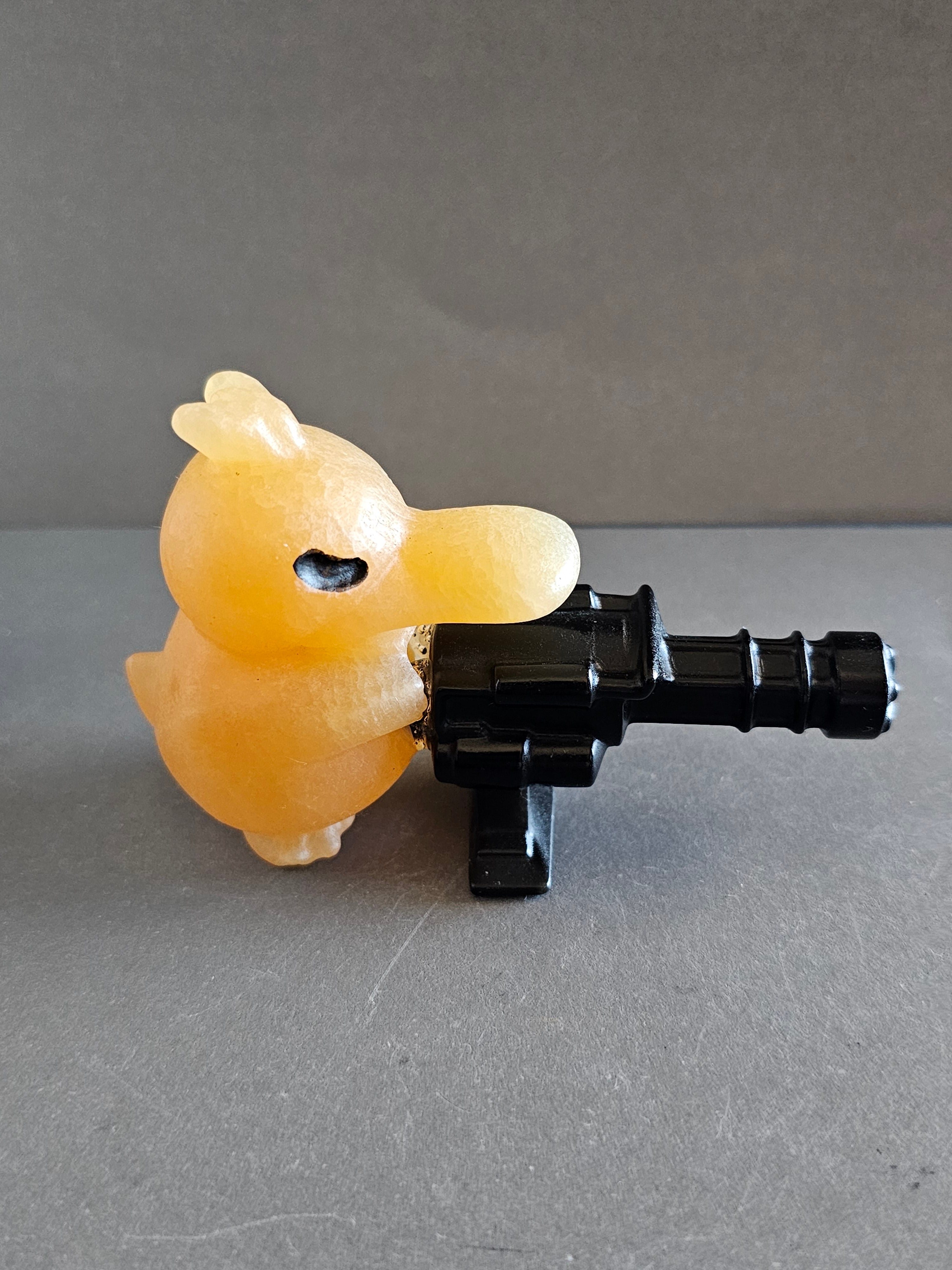 Duck with Machine Gun – Novelty Crystal Carving | Calcite & Obsidian Options | 2.25 Inches