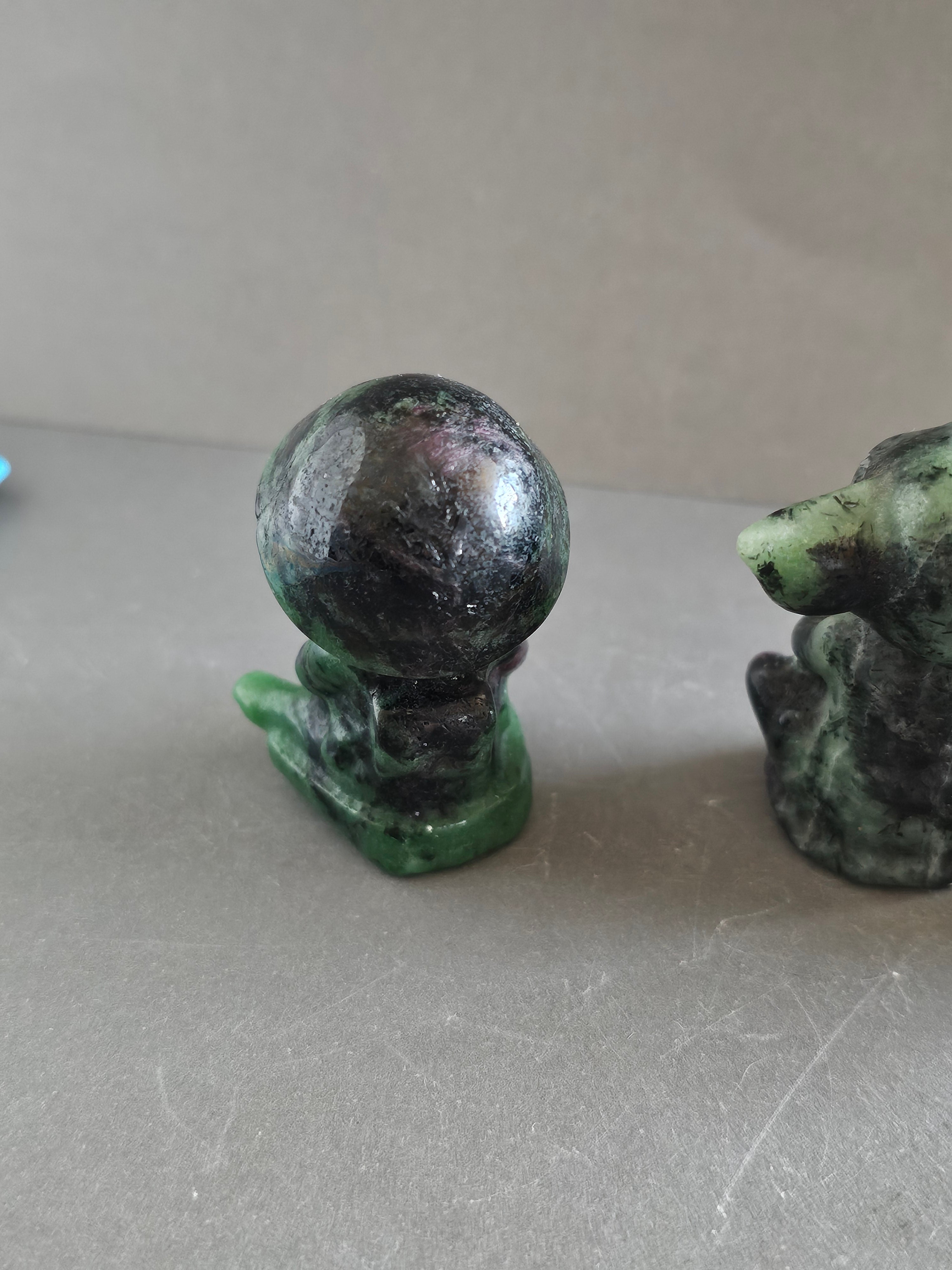 Meditating Alien Crystal Carvings – 2” Tall | Moss Agate & Ruby Zoisite | Peace, Growth & Cosmic Energy