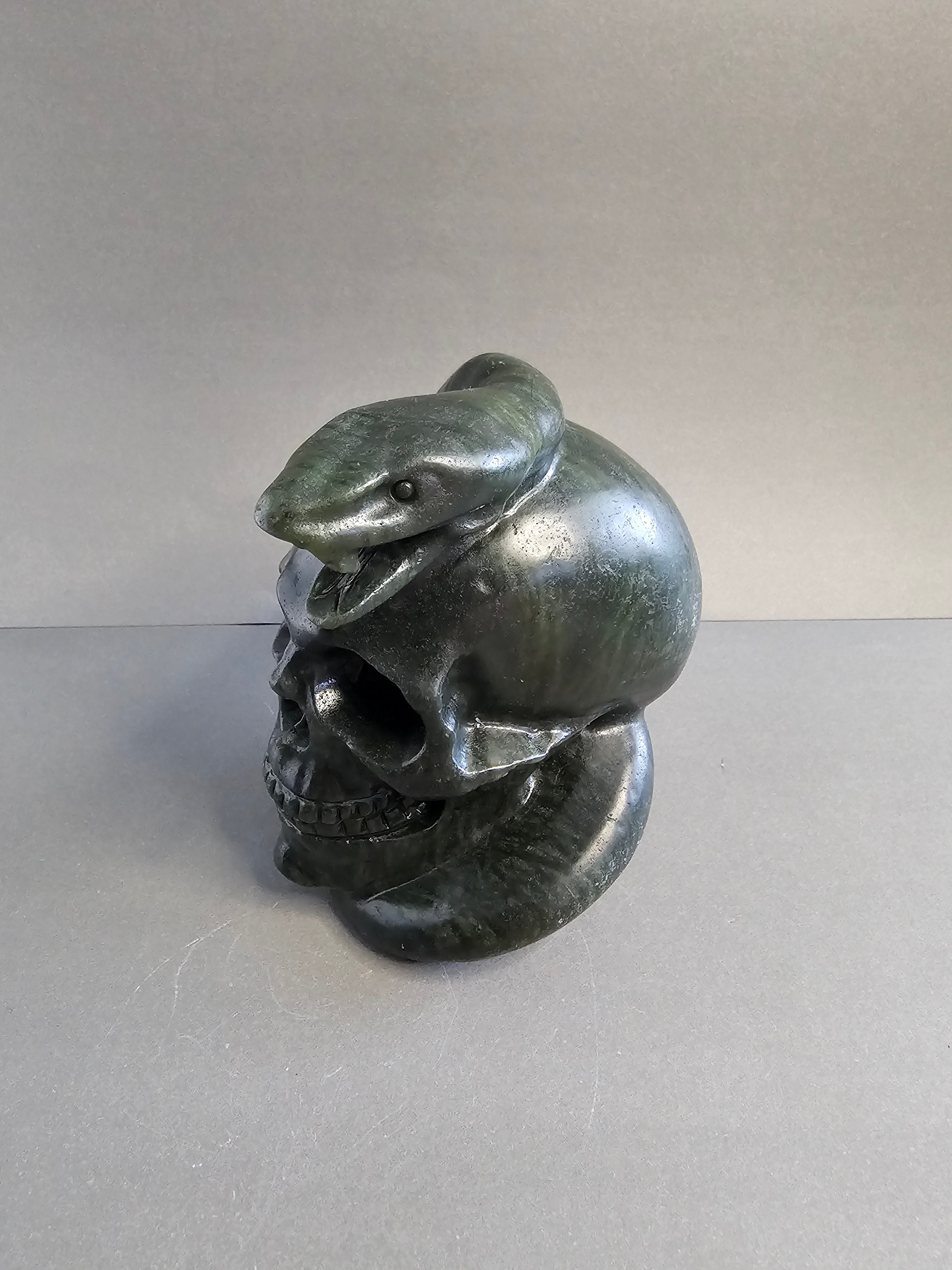 Dark Green Jade Skull with Snake Carving – 4 Inch Crystal Skull