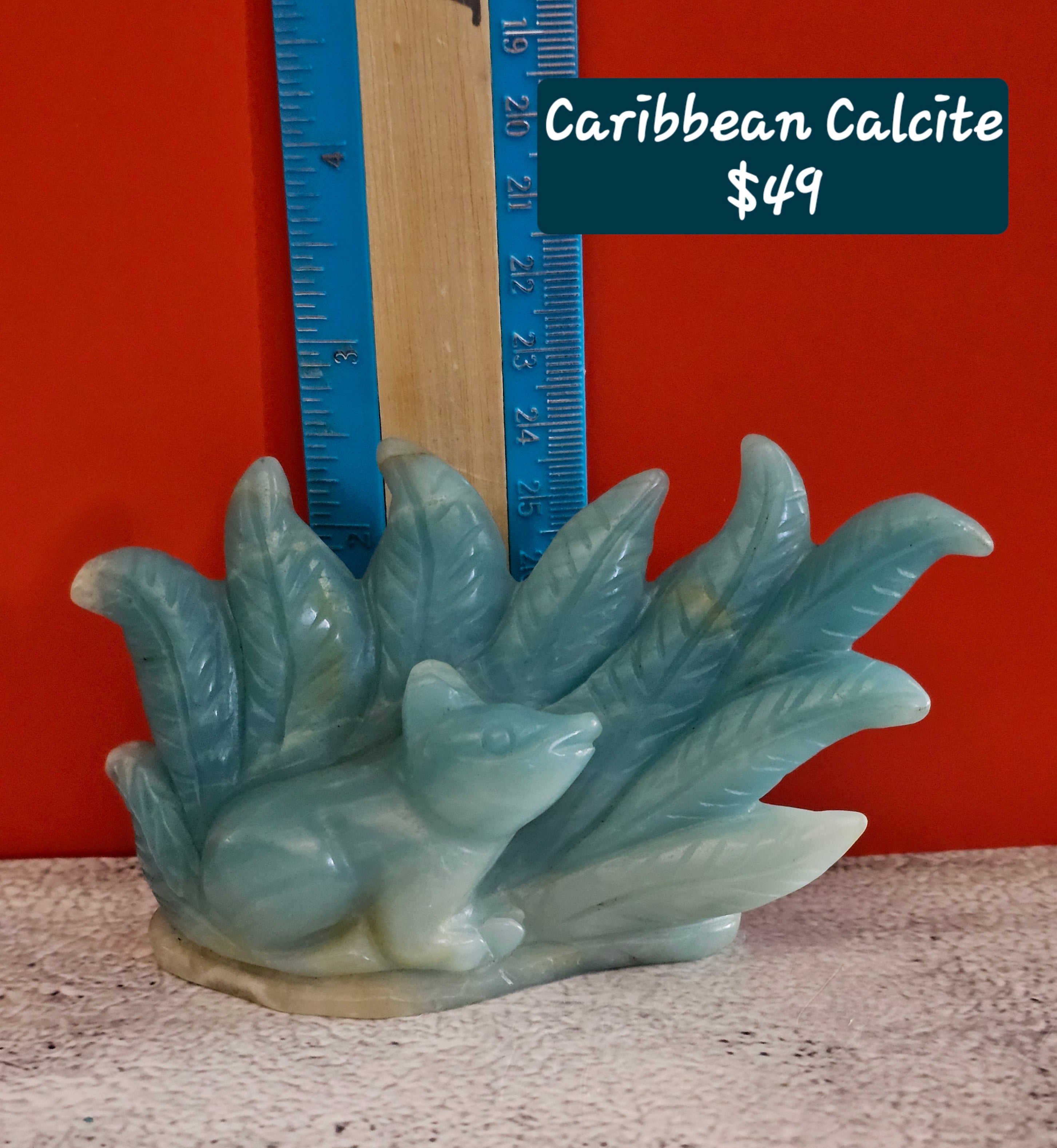 Caribbean Calcite 9-Tailed Fox – Mythical Crystal Carving | 2.5 Inches